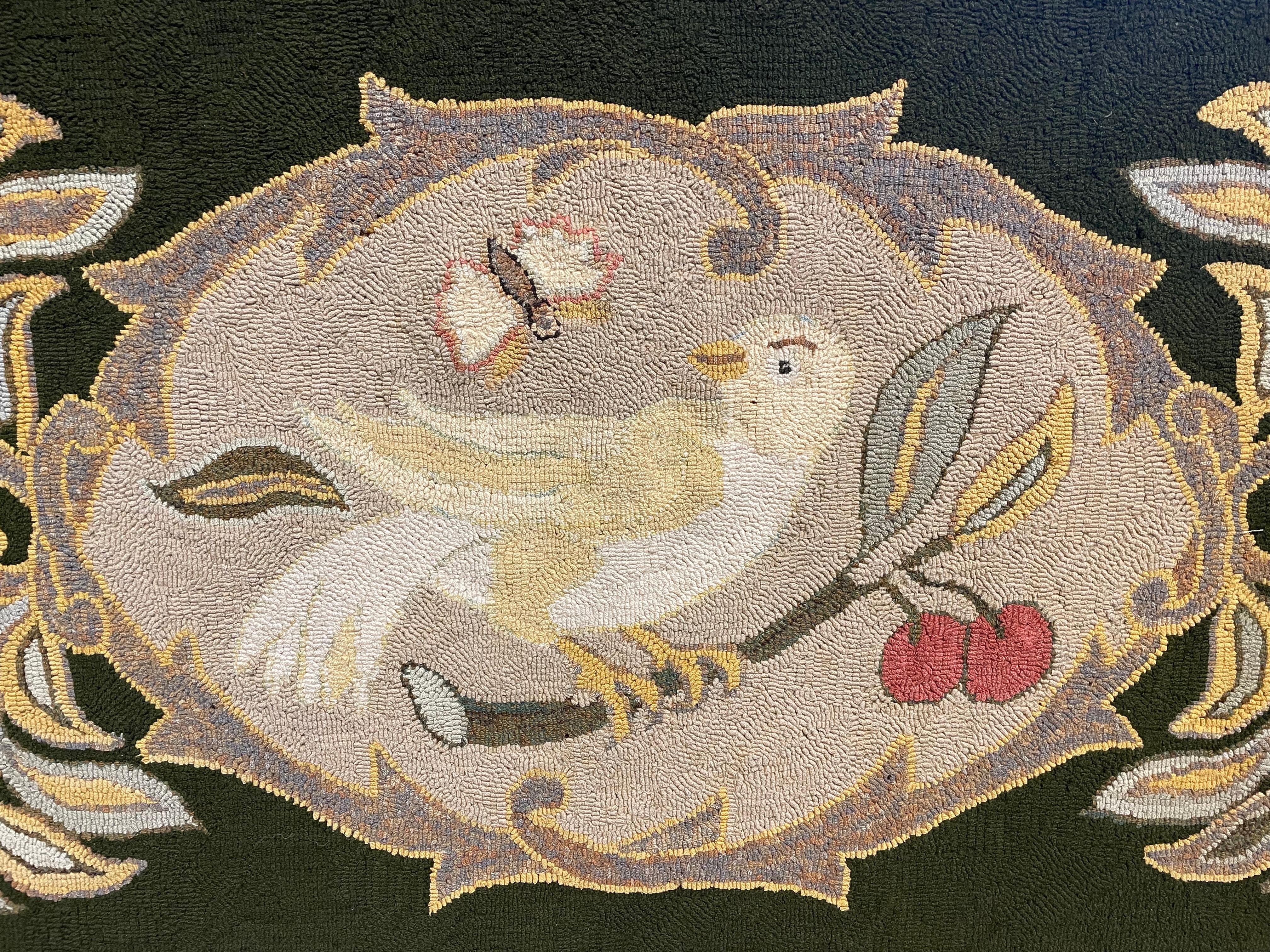 Wool Early 20th Century Hooked Rug of Dove and Cherry Branch, Mounted for Hanging For Sale