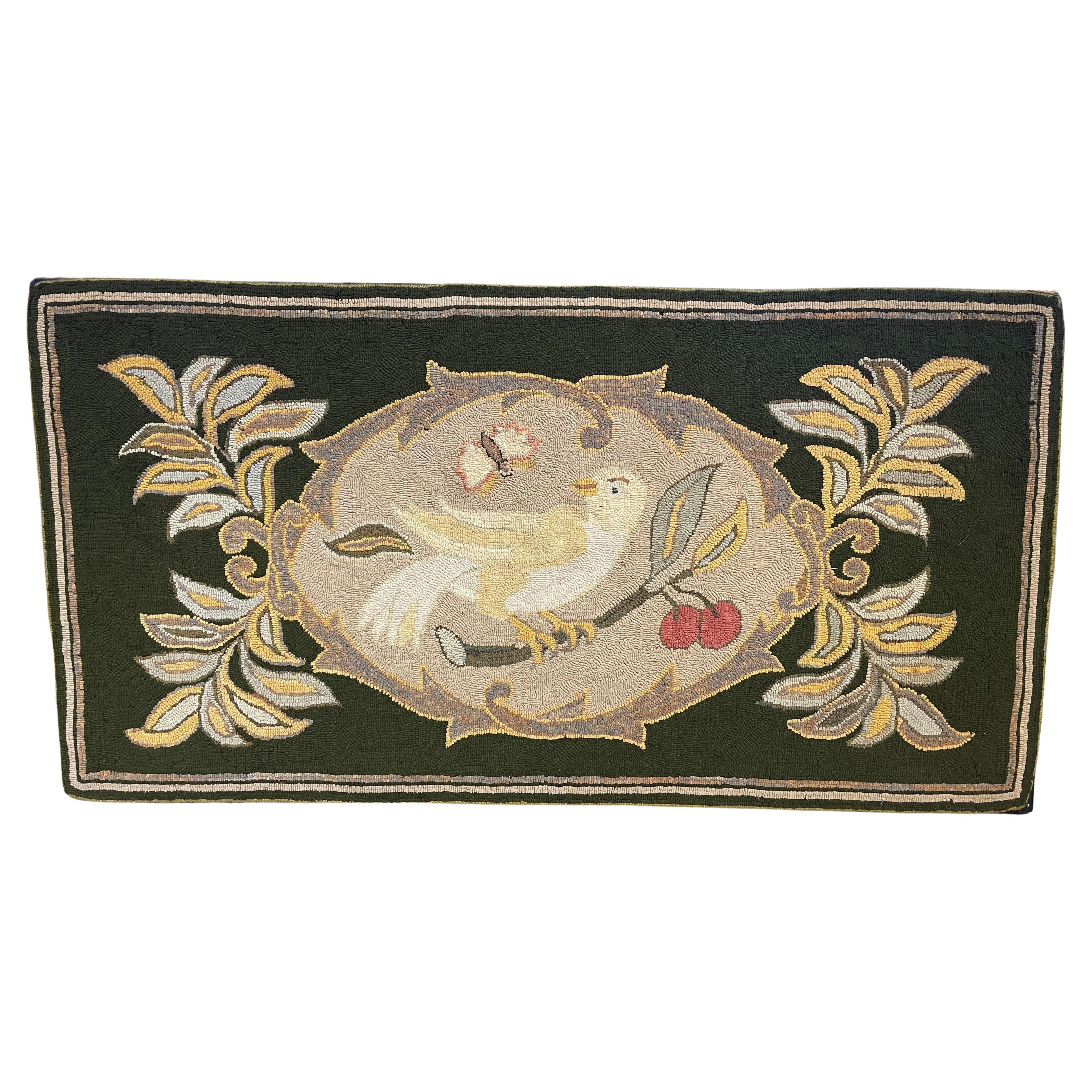 Early 20th Century Hooked Rug of Dove and Cherry Branch, Mounted for Hanging
