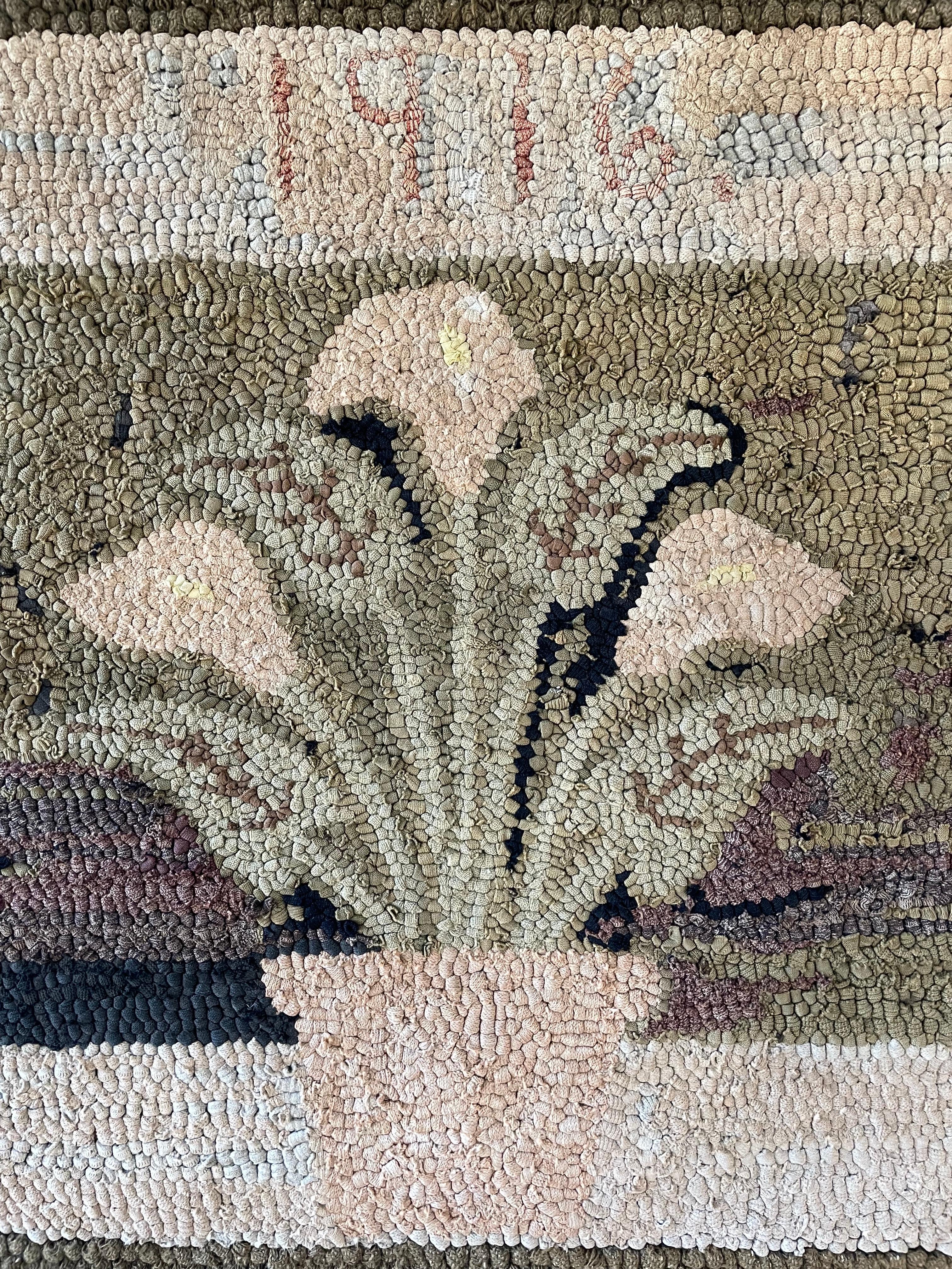 Early 20th Century Hooked Rug depicting potted peace lilies, with later mounting on canvas wrapped stretcher. Possibly Amish, dated 1916. With olive green, peach, and beige tones, some fading due to age.