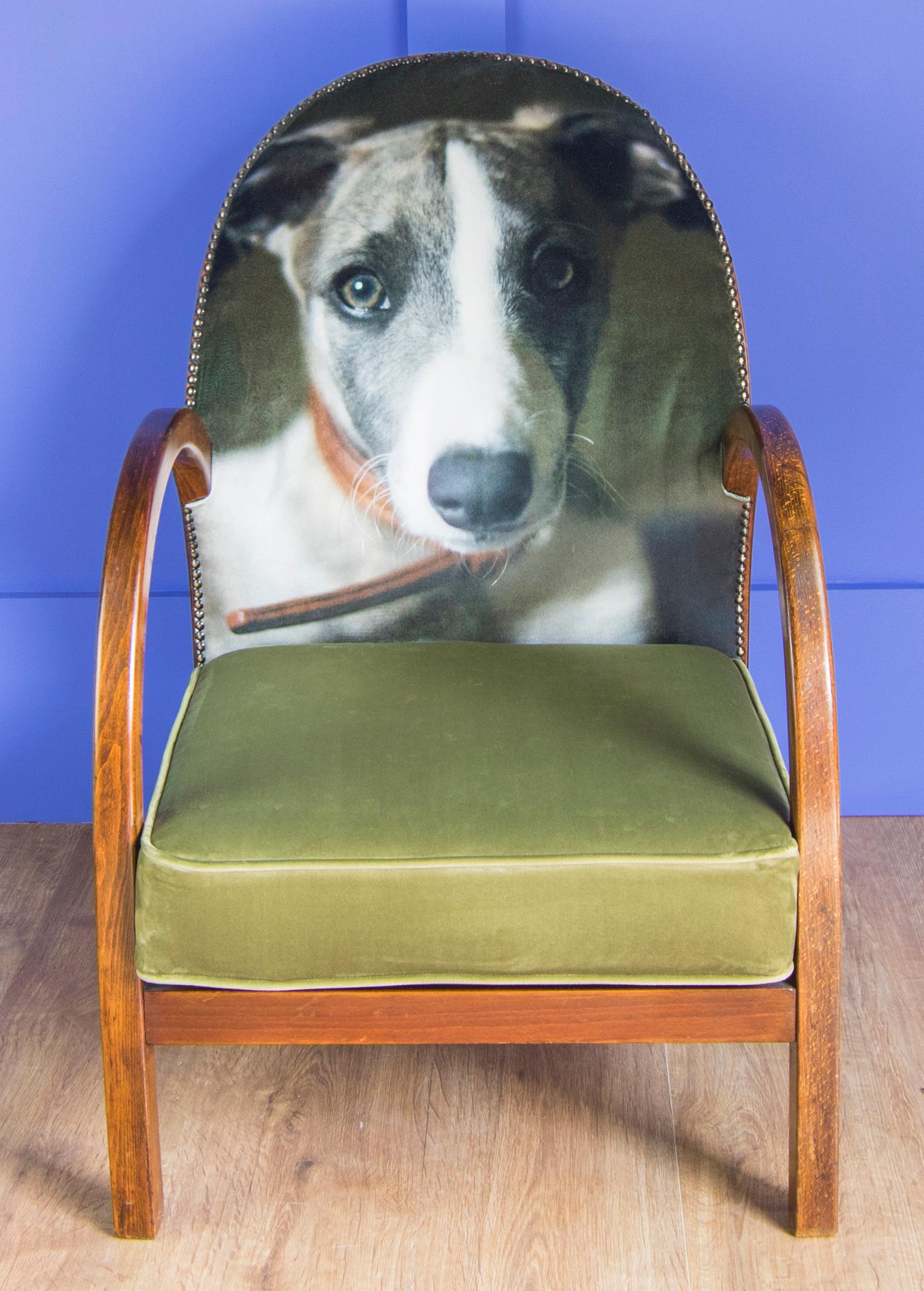 This super cute little 1930s side chair has been overhauled with a modern twist. Custom velvet printed in the UK in greens and greys. Comfortable seating position in the bentwood oak frame. Studded velvet upholstery.