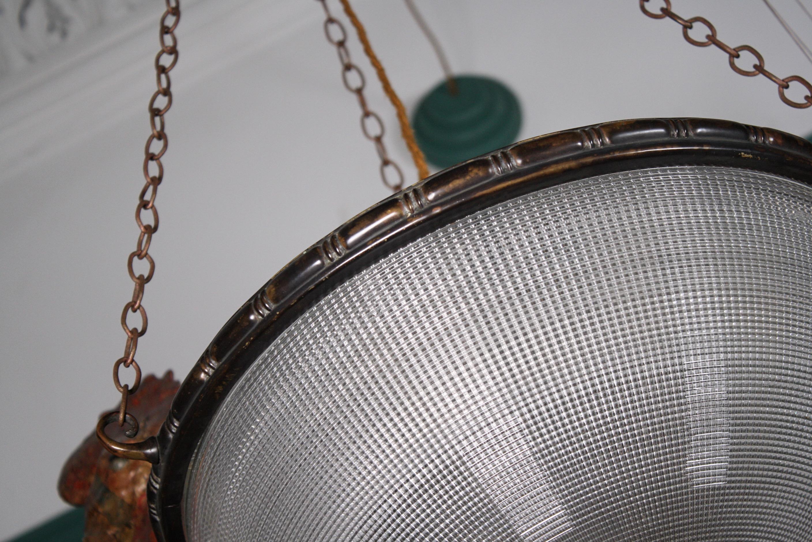 Early 20th Century Huge Holophane Plaffonier Pendant Light Brass Prismatic Glass 5