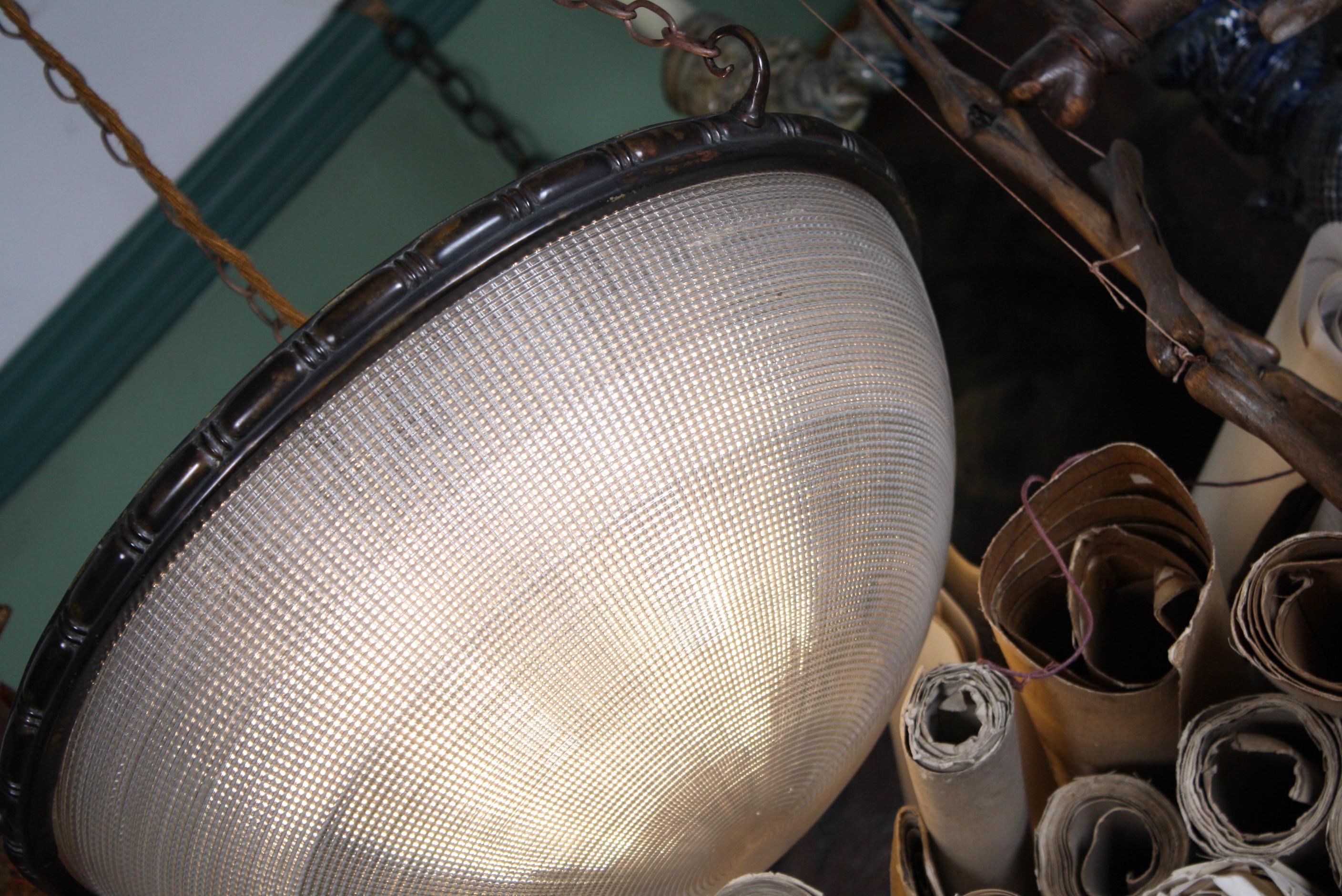 Early 20th Century Huge Holophane Plaffonier Pendant Light Brass Prismatic Glass 3