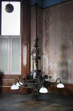 Early 20th Century Huge Iron & Brass Cathedral Castle Gothic Chandelier Light