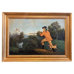 Early 20th Century Oil on Canvas Painting of a Hunter with Dog in Golden Frame