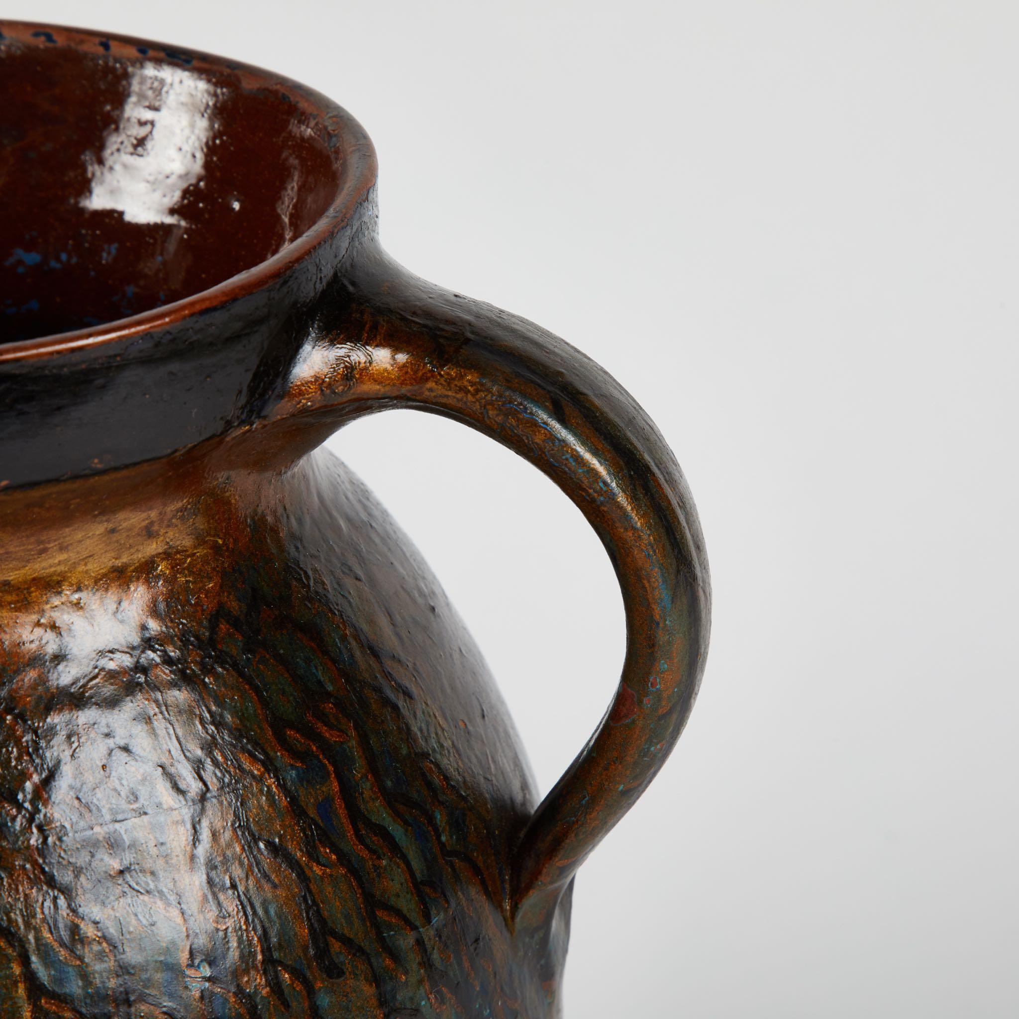 Edwardian Early 20th Century Hurlington Ware Pitcher with Teal and Bronze Painted Detail
