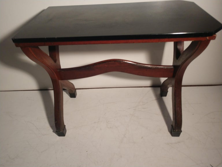 Fabulous and all original, ice cream parlor tables with mahogany base and a black glass top. Rare and hard to find made by the Elflein Co. of Brooklyn, NY. In fabulous condition, tight and sturdy, no wobbles. Have two other smaller size and one