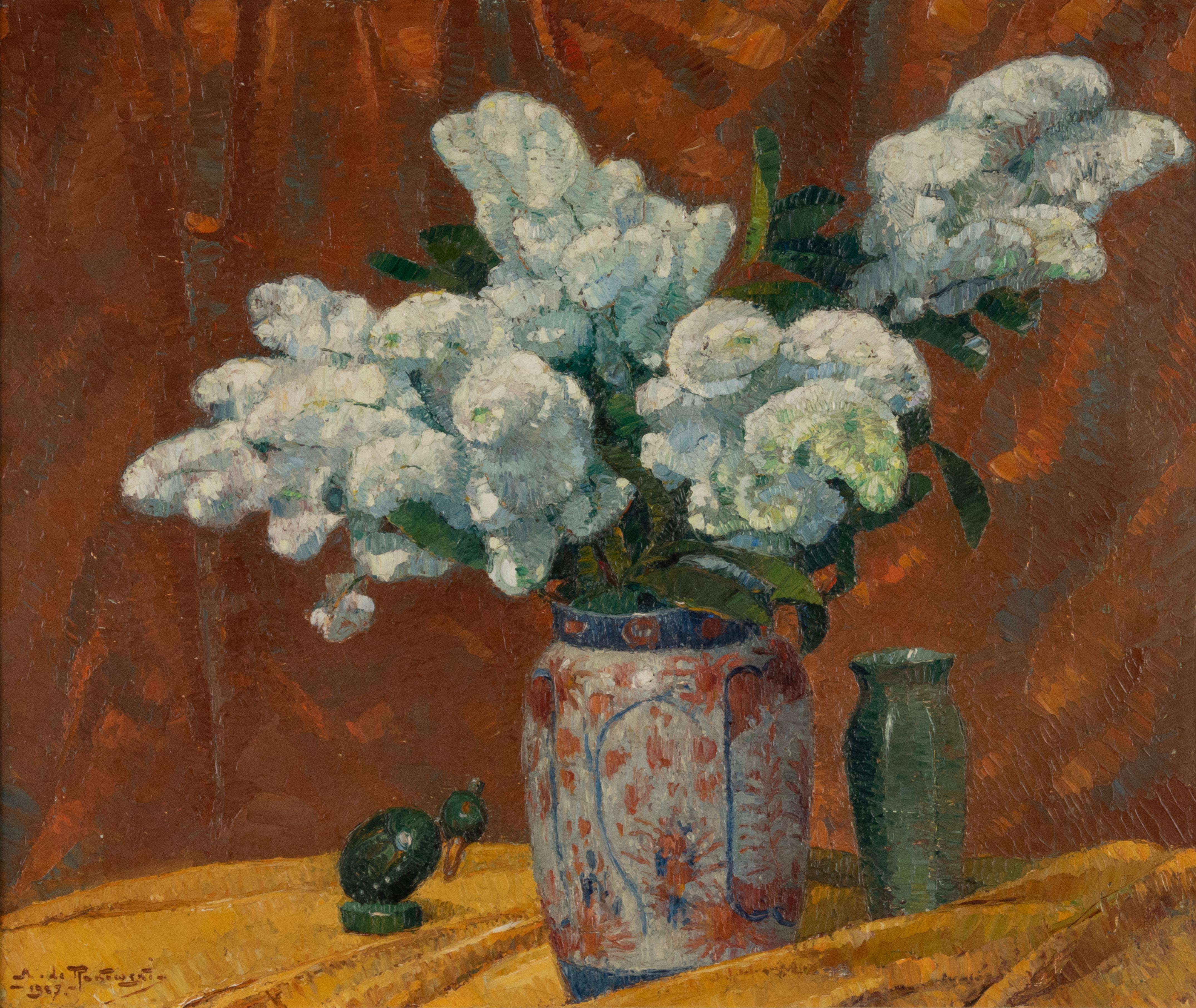 Bellissimo dipinto dell'artista polacco-belga Mécislas de Rakowski.
Il dipinto raffigura una natura morta di fiori in un vaso cinese. Bellissima esposizione di delicati fiori bianchi su uno sfondo scuro e luminoso. Il dipinto si distingue per il