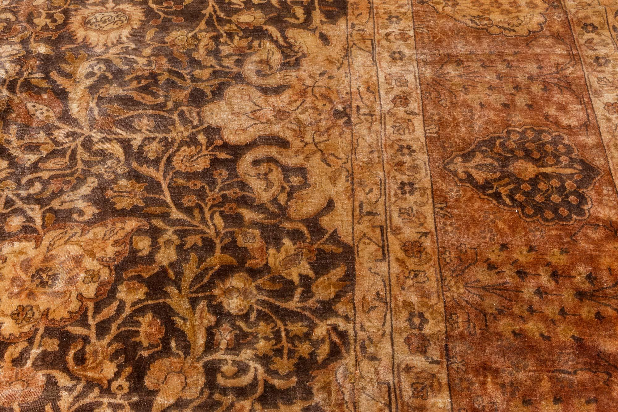 Early 20th Century Indian Chocolate Brown Handmade Wool Carpet (Size Adjusted) In Good Condition For Sale In New York, NY