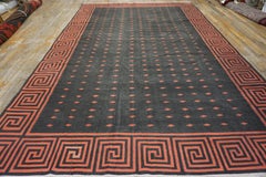 1920s Black Greek Key Indian Cotton Dhurrie Carpet 8'3"X12'9" Flatwoven Wool Rug