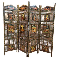 Paravent indien polychrome à quatre panneaux du début du 20e siècle
