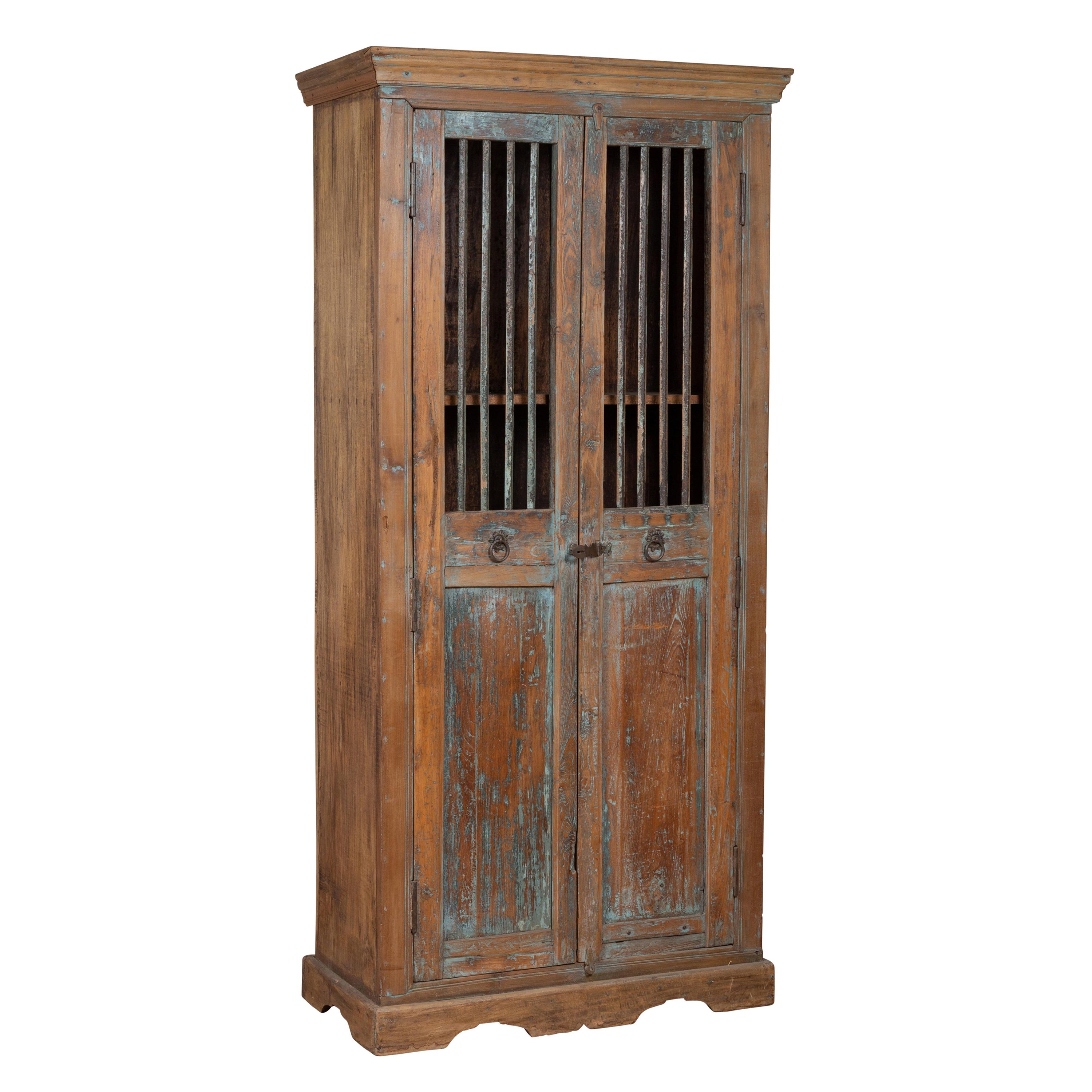 Early 20th Century Indian Rustic Wooden Kitchen Cabinet with Distressed Finish For Sale