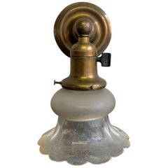 Antique Early 20th Century Industrial Brass and Glass Wall Sconce Light