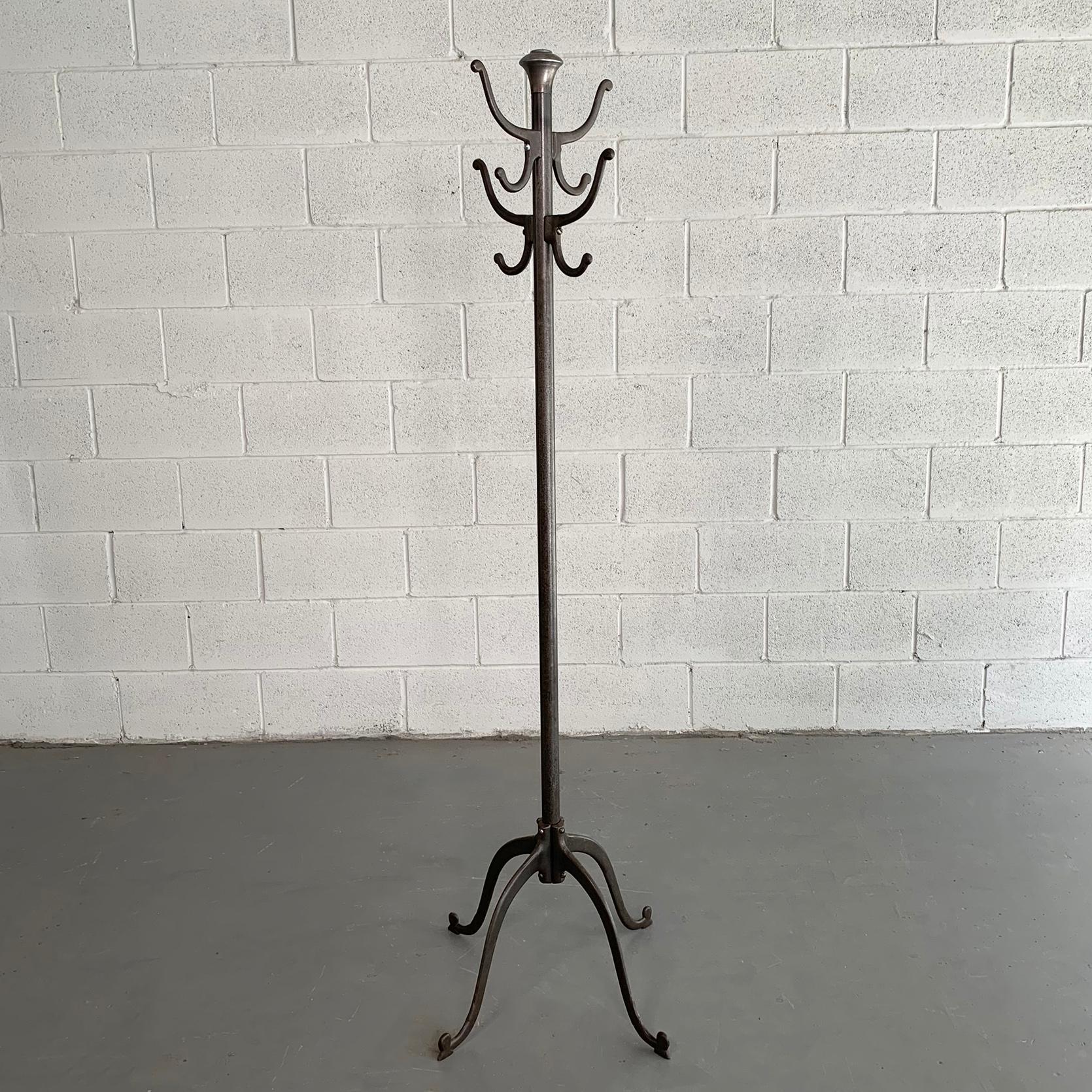 Early 20th century, industrial, brushed steel coat rack features beautiful details with 4 large double hooks.