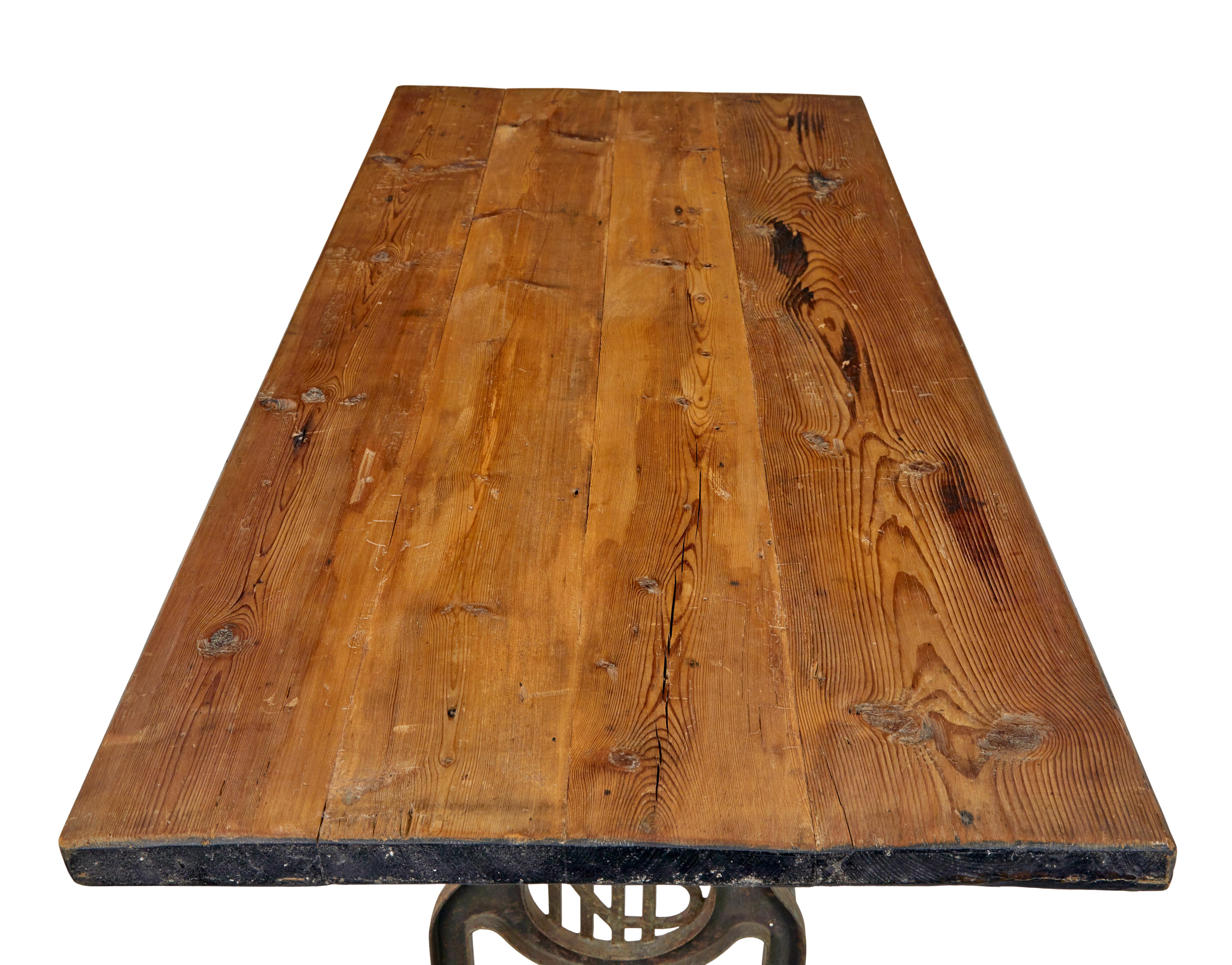 Early 20th century industrial cast iron and pine work table In Good Condition For Sale In Debenham, Suffolk