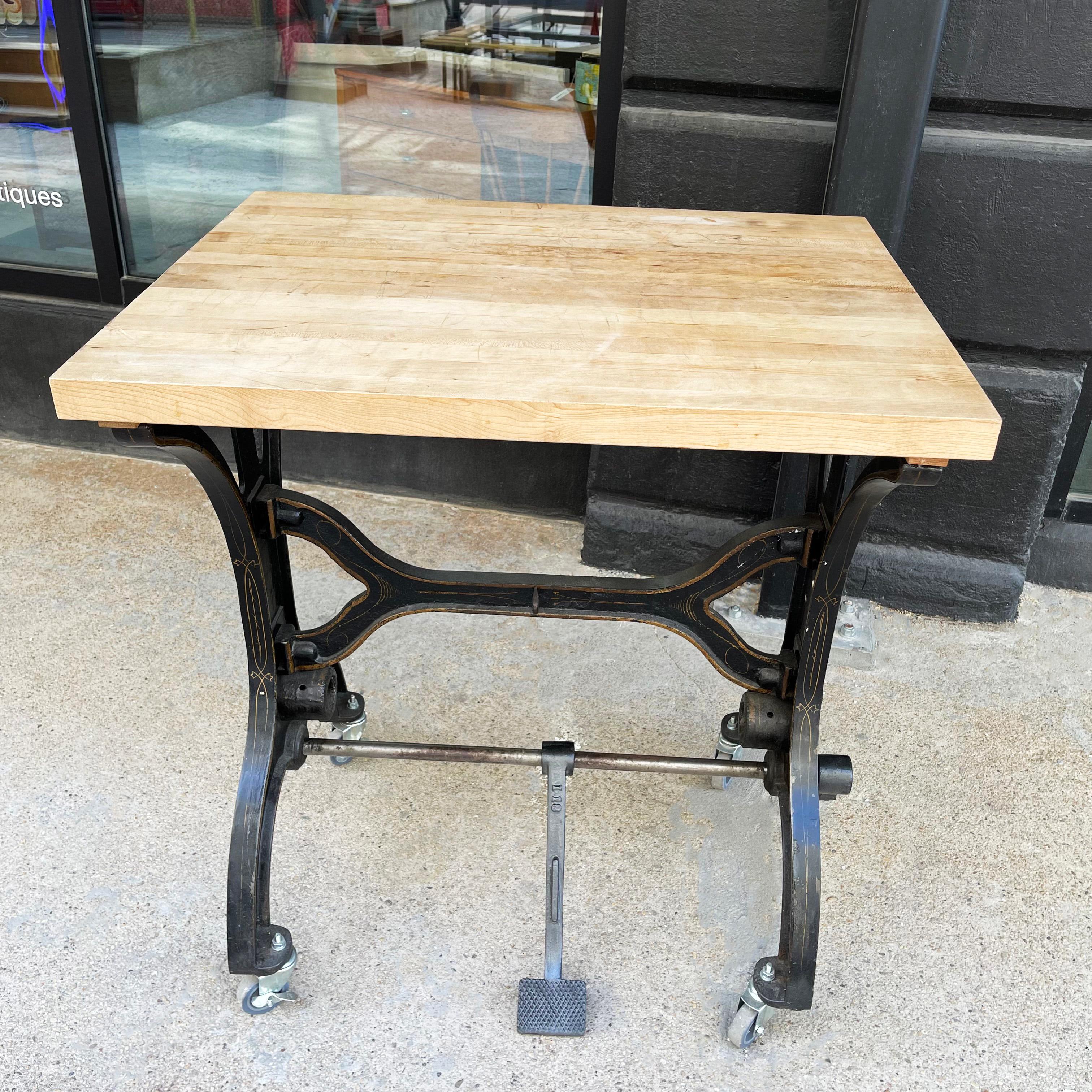 Maple Early 20th Century Industrial Cast Iron Butcher Block Table For Sale