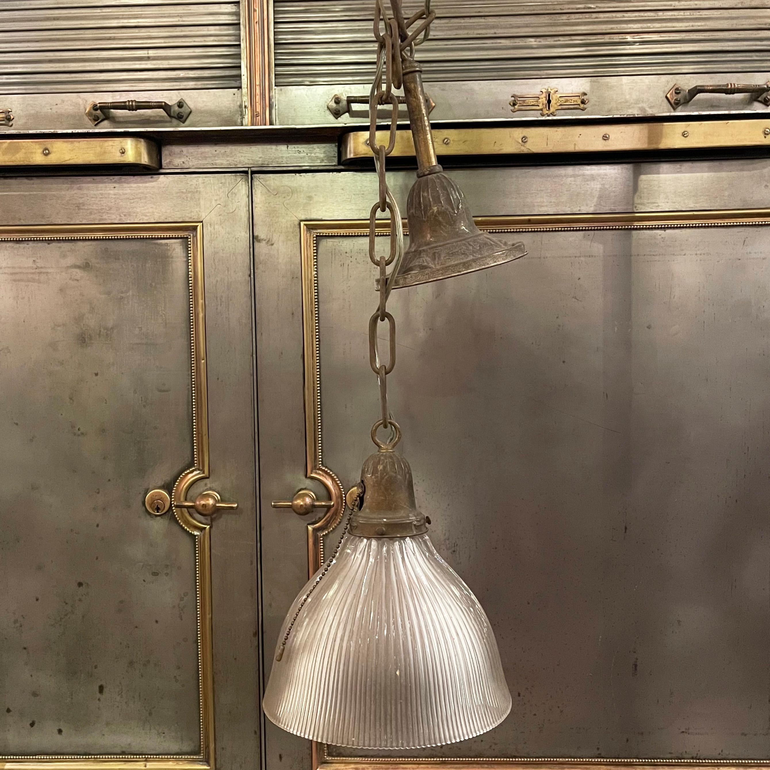 American Early 20th Century Industrial Cut Glass Dome Pendant Light For Sale