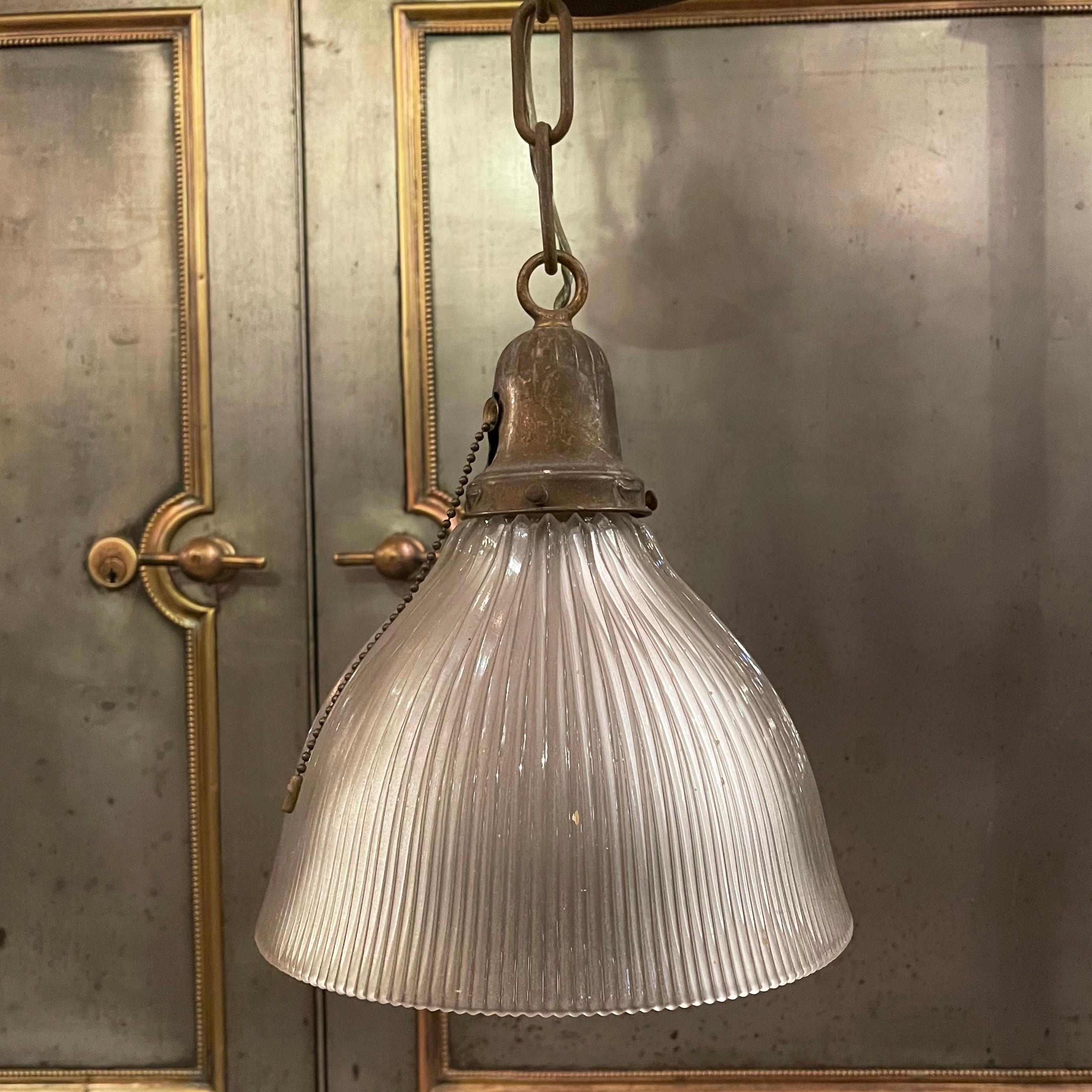 Early 20th Century Industrial Cut Glass Dome Pendant Light In Good Condition For Sale In Brooklyn, NY