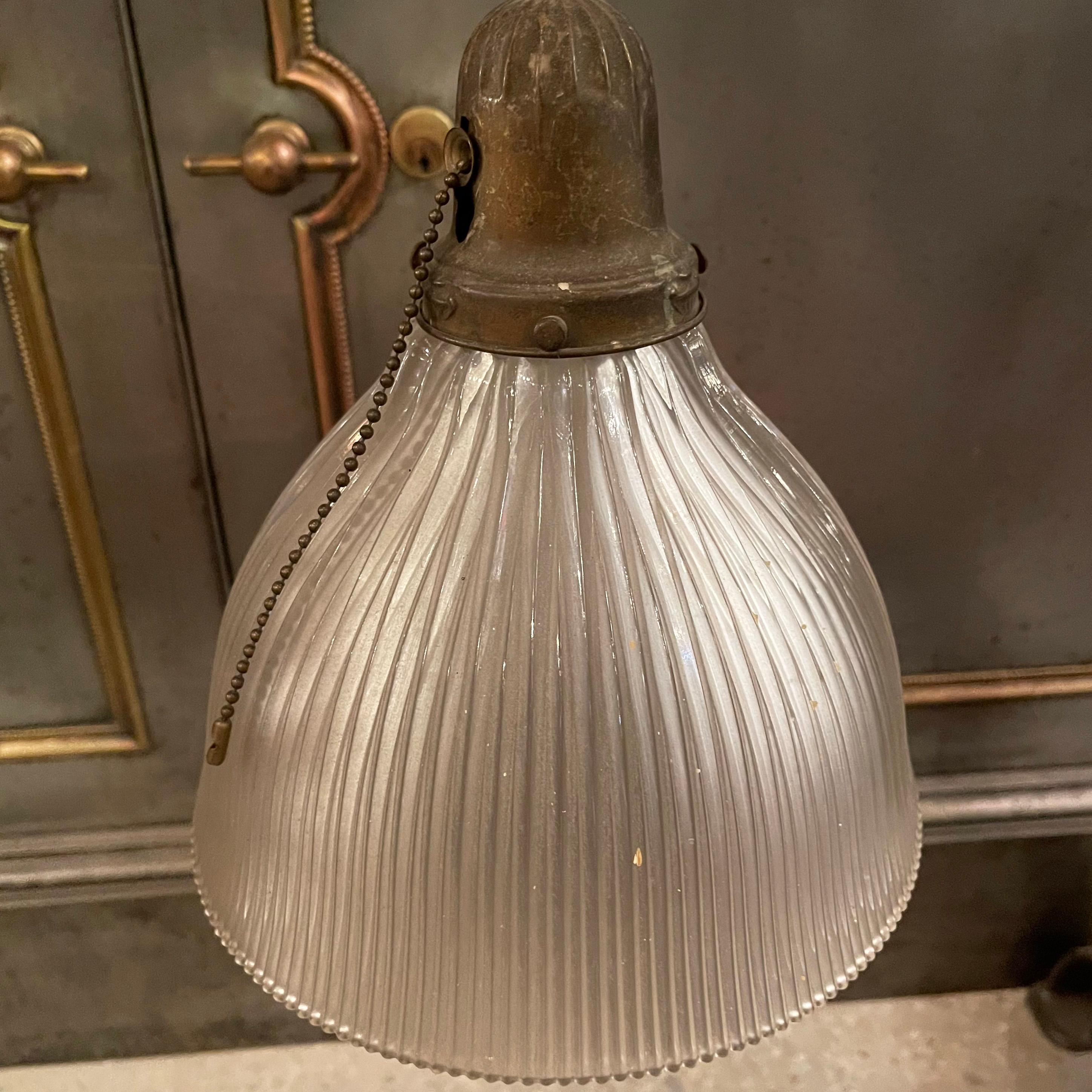 Brass Early 20th Century Industrial Cut Glass Dome Pendant Light For Sale