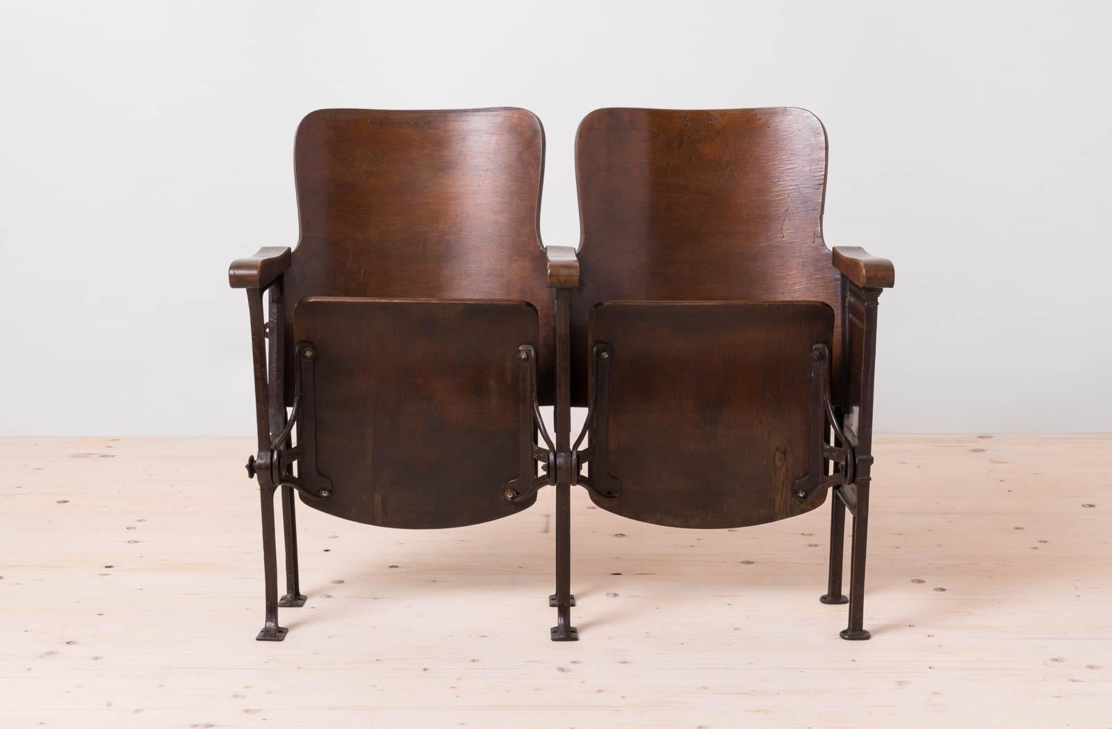 Early 20th Century Industrial Double Foldable Library Seat, Cast Iron, Bentwood 4