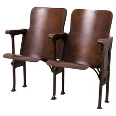 Early 20th Century Industrial Double Foldable Library Seat, Cast Iron, Bentwood