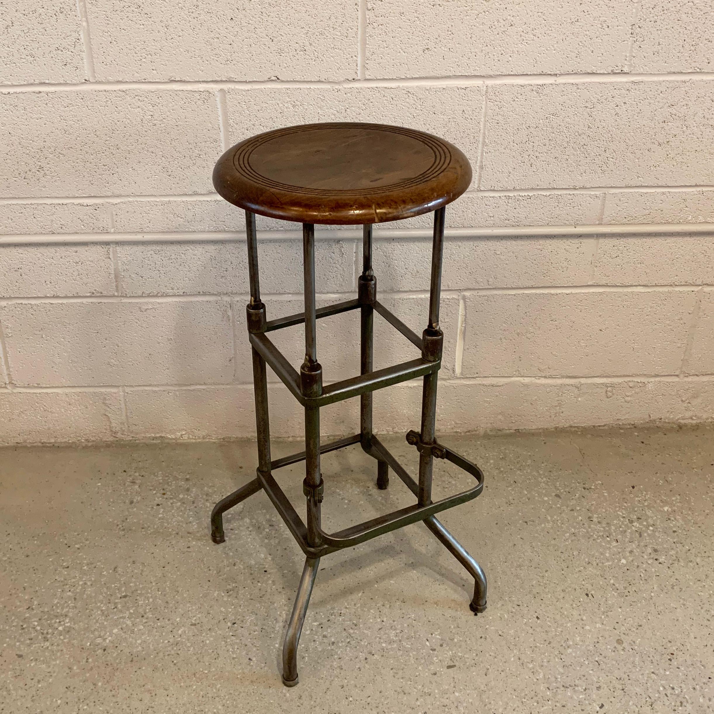 Brushed Early 20th Century Industrial Drafting Stool with Footrest