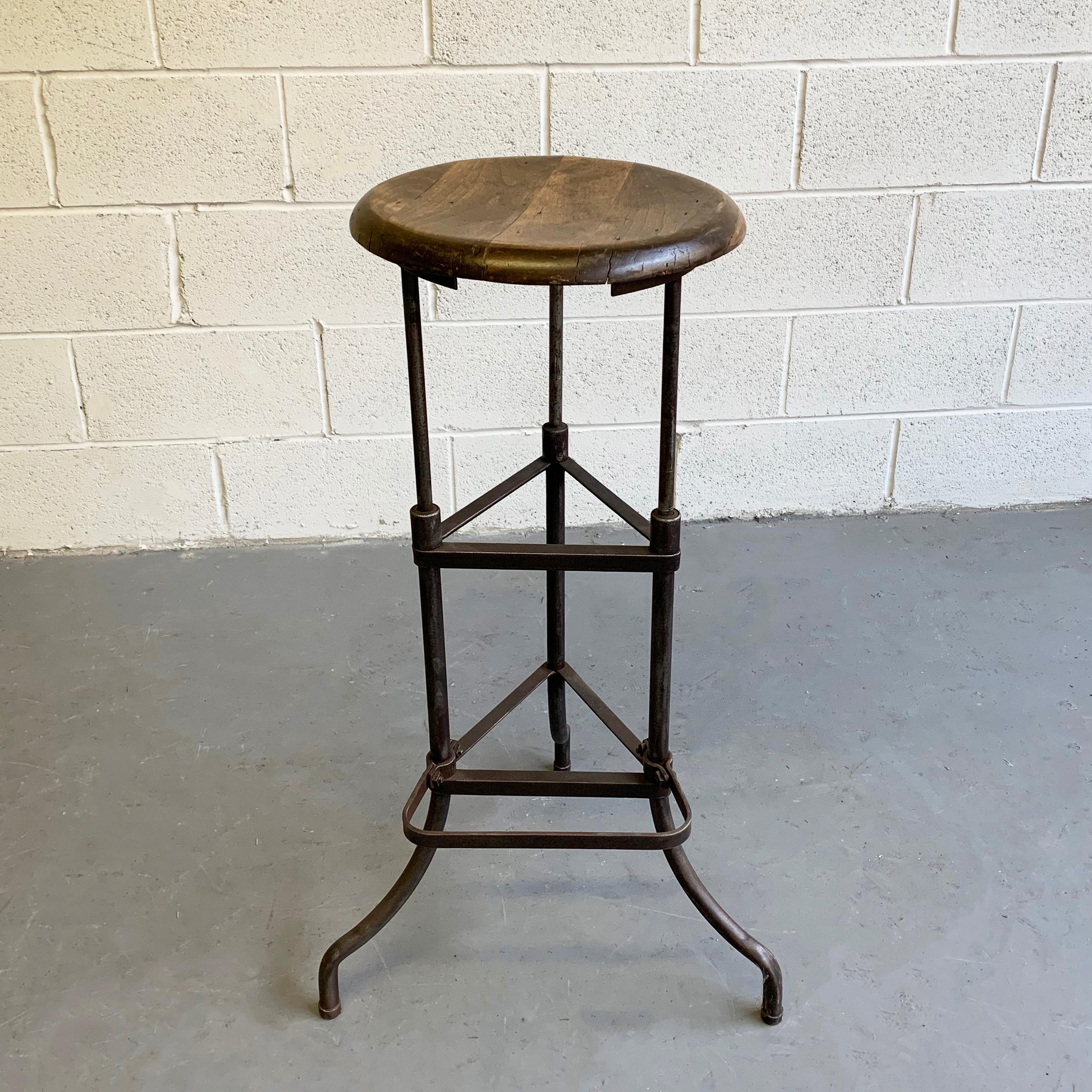 Brushed Early 20th Century Industrial Drafting Stool with Footrest