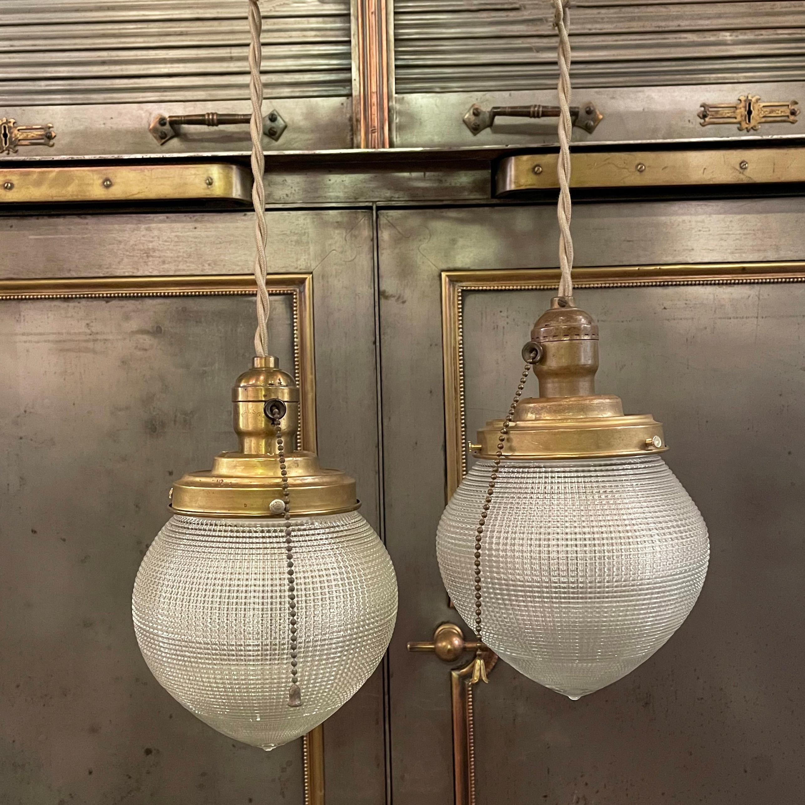 Brass Early 20th Century Industrial Holophane Acorn Pendant Lights