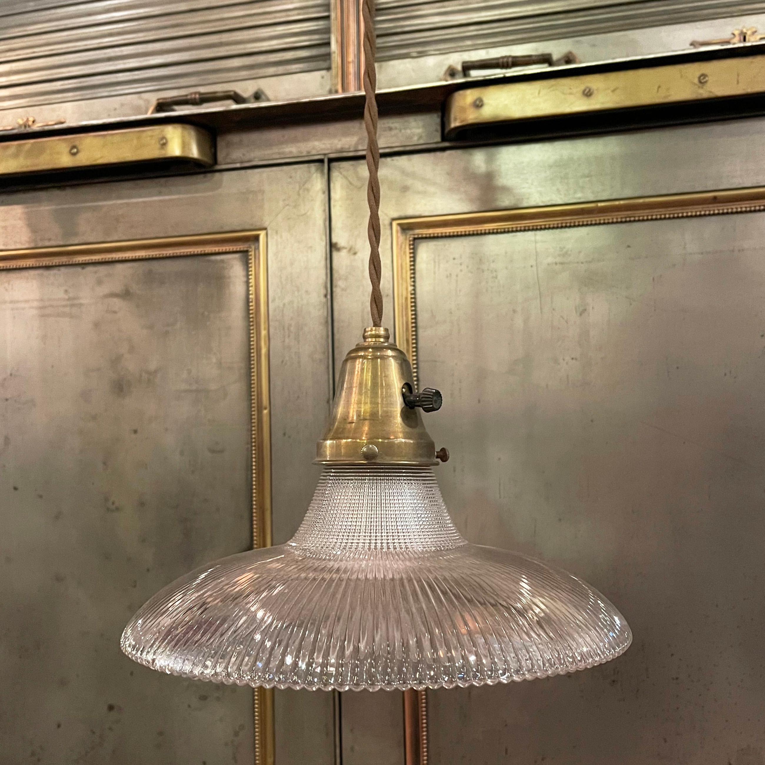 American Early 20th Century Industrial Holophane Disc Pendant Light For Sale