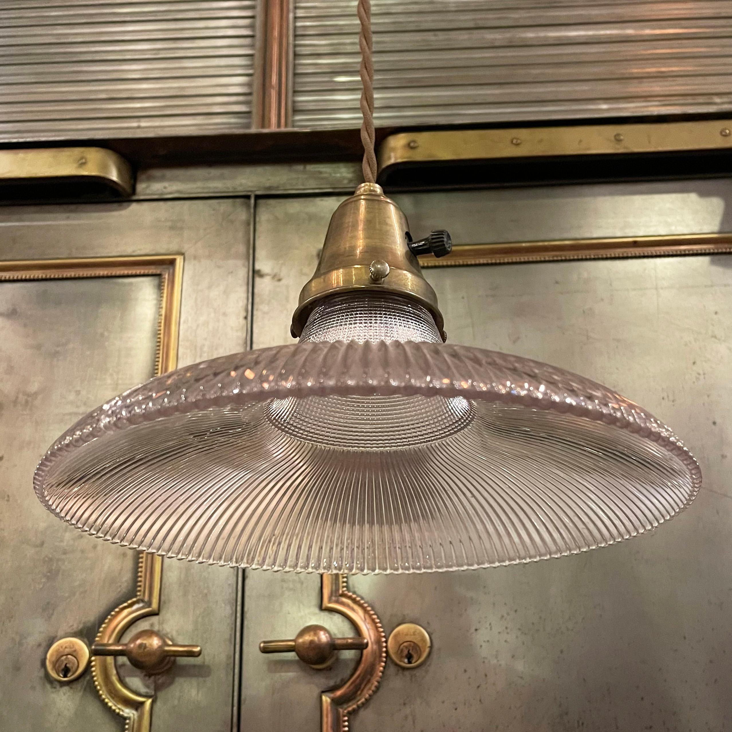 Brass Early 20th Century Industrial Holophane Disc Pendant Light For Sale