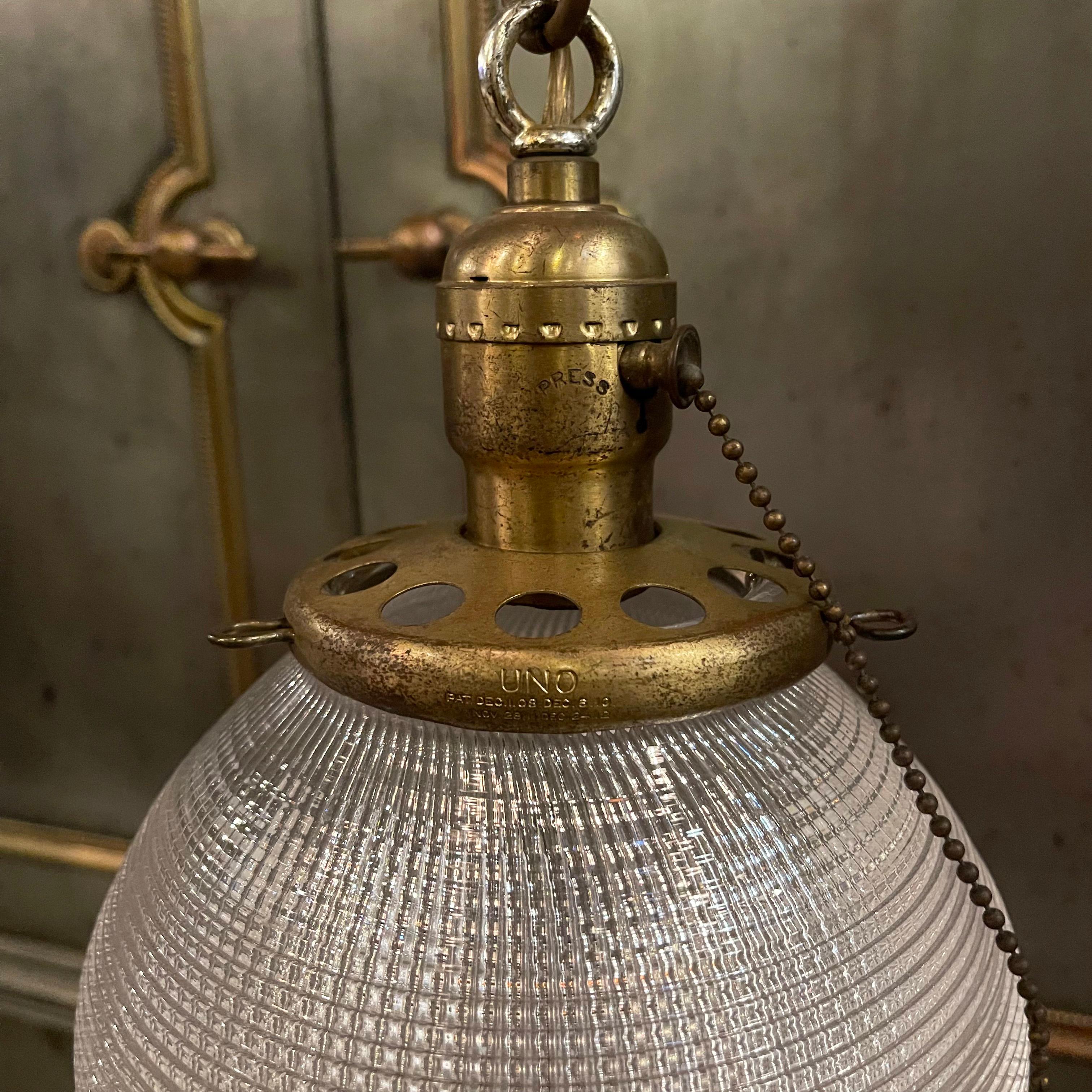 Brass Early 20th Century Industrial Holophane Glass Globe Pendant Light