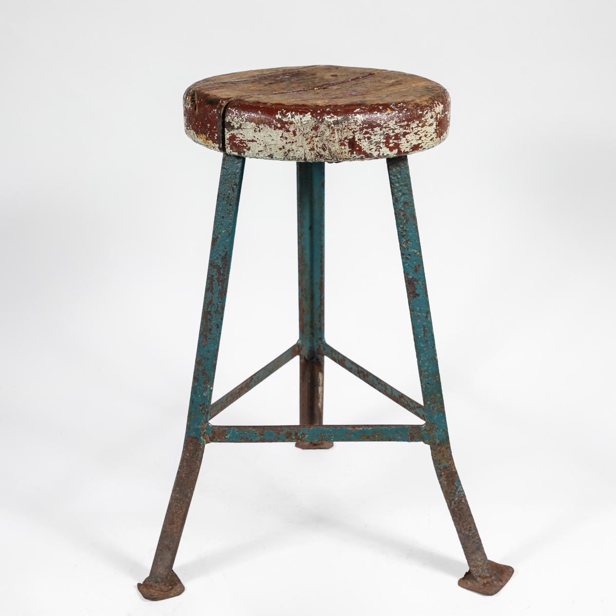 Early 20th Century Industrial Metal Stool with Rustic Wood Seat from France In Good Condition In Los Angeles, CA