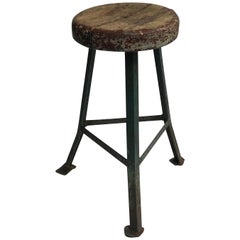 Early 20th Century Industrial Metal Stool with Rustic Wood Seat from France