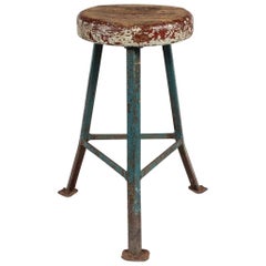 Early 20th Century Industrial Metal Stool with Rustic Wood Seat from France