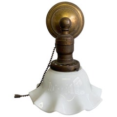Early 20th Century Industrial Milk Glass and Brass Wall Sconce Light