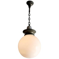 Antique Early 20th Century Industrial Milk Glass Globe Library Pendant Light