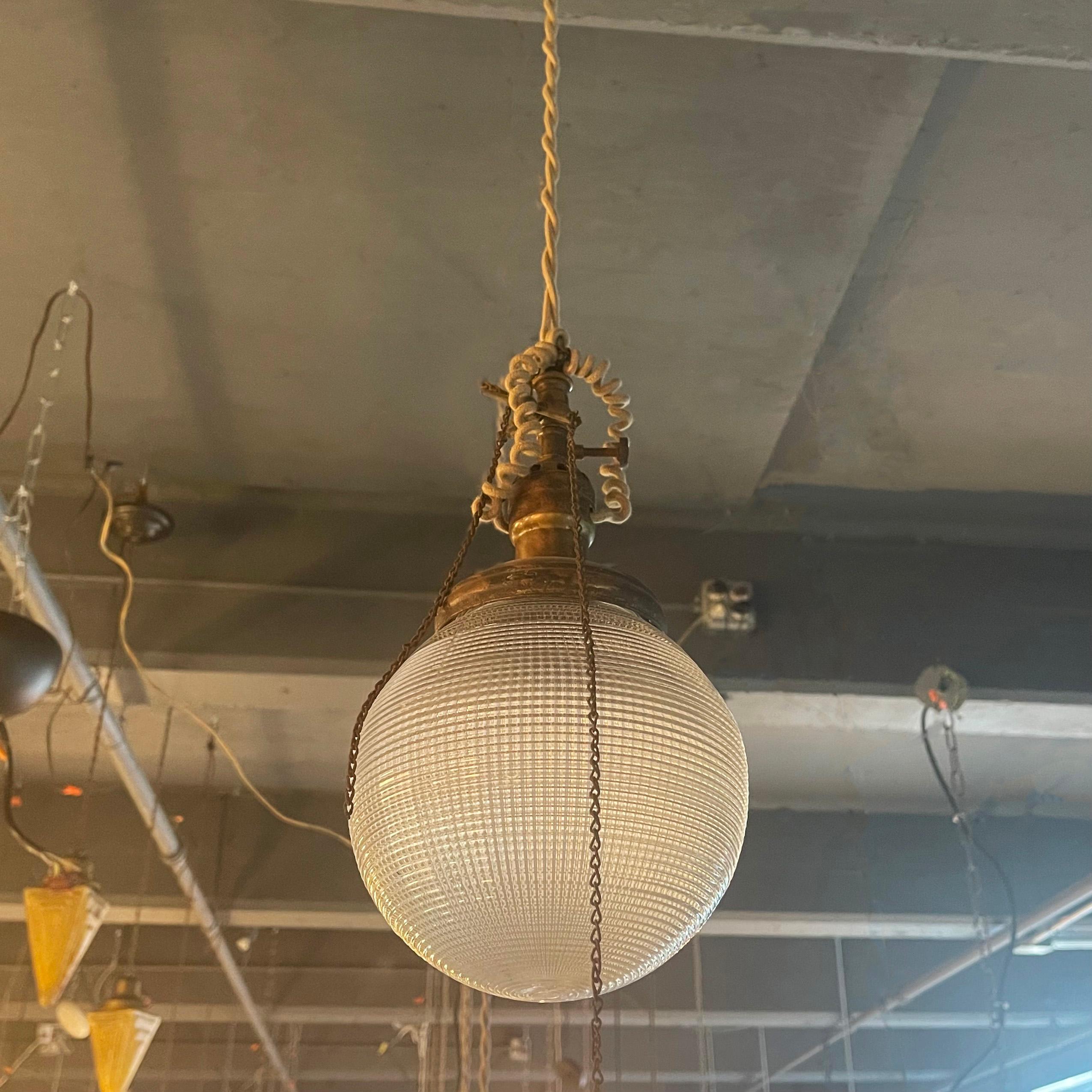 American Early 20th Century Industrial Prismatic Holophane Glass Globe Pendant For Sale