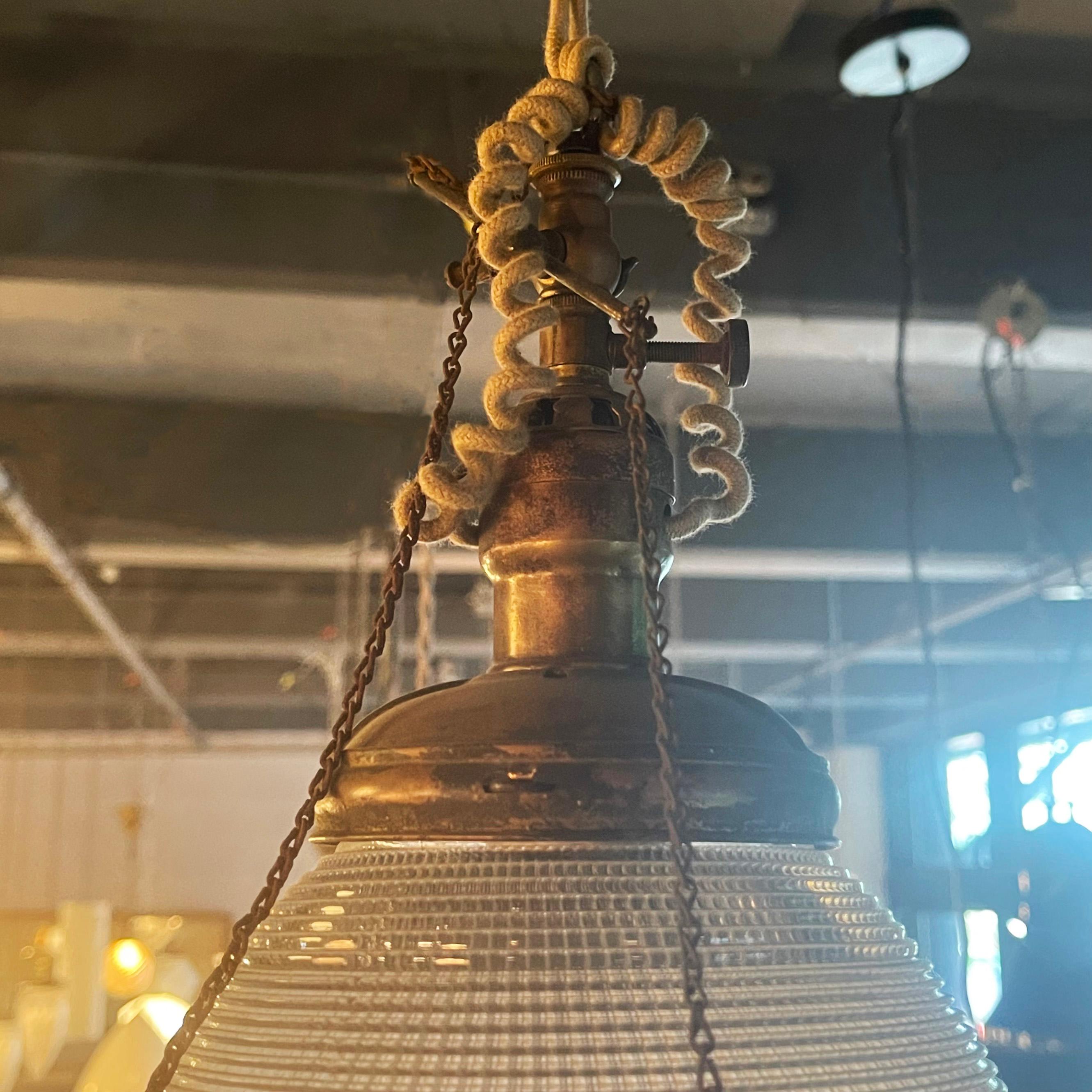 Early 20th Century Industrial Prismatic Holophane Glass Globe Pendant For Sale 1