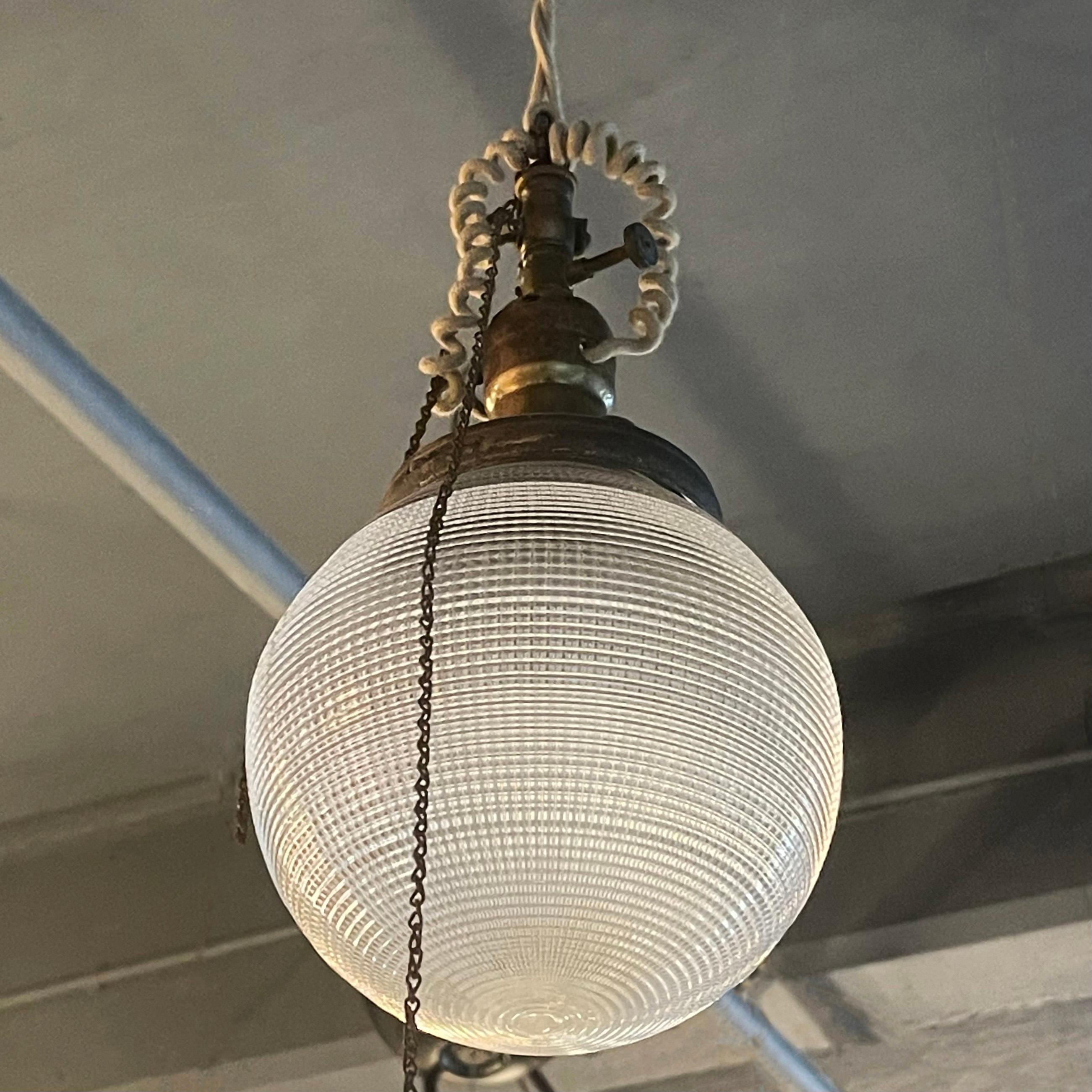 Early 20th Century Industrial Prismatic Holophane Glass Globe Pendant For Sale 2