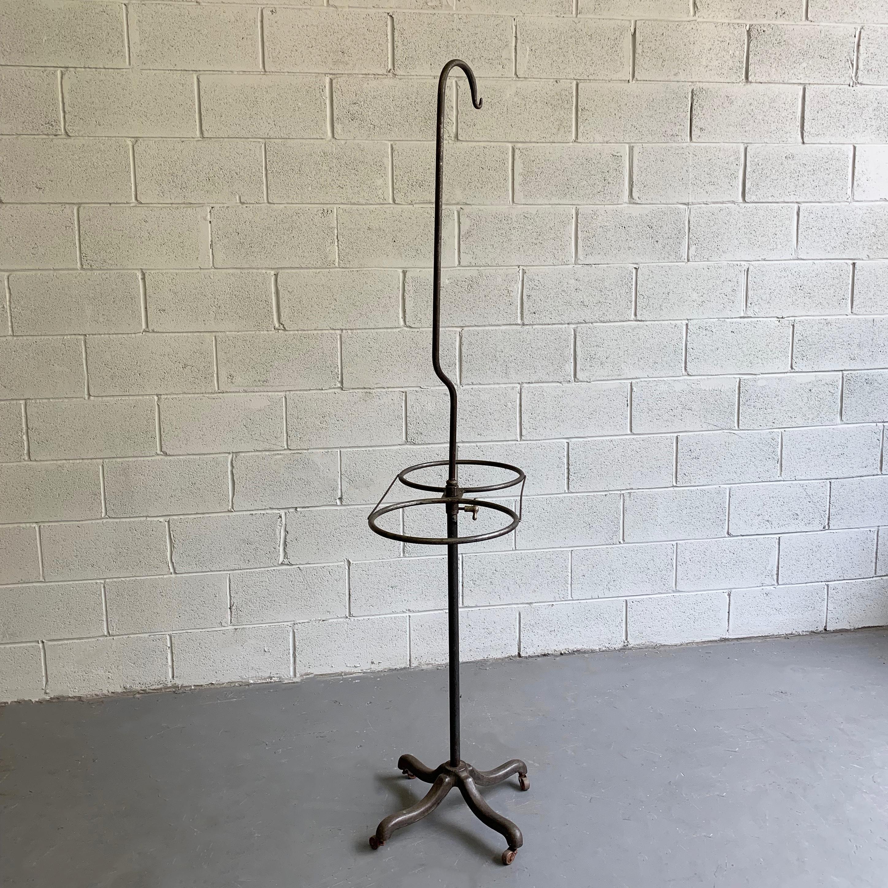 American Early 20th Century Industrial Rolling Brushed Steel Transfusion Rack For Sale