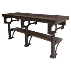 Early 20th Century Industrial Wabi Sabi Cast Iron and Wood Console Work Table