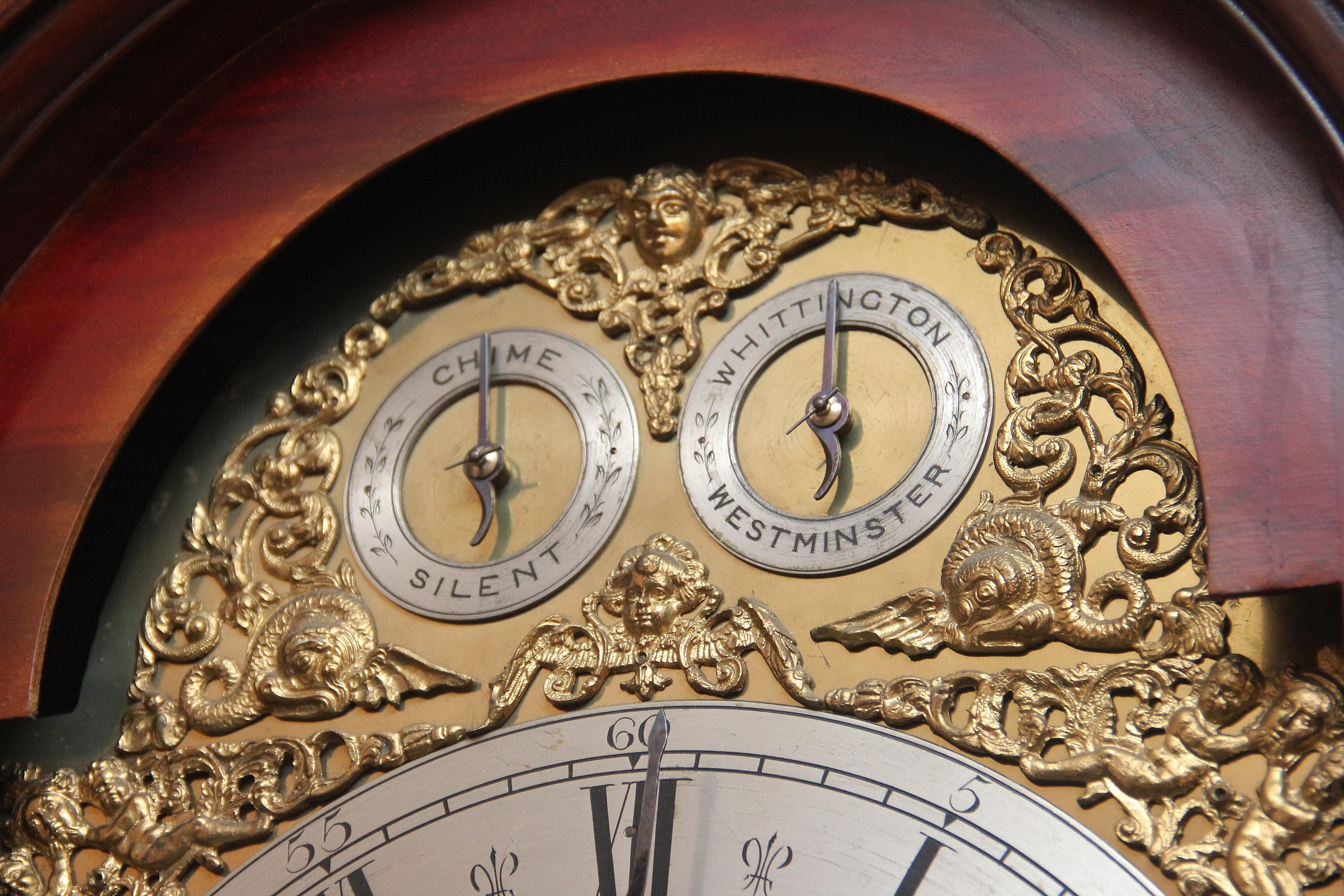 Early 20th Century inlaid mahogany musical longcase clock In Good Condition For Sale In Martlesham, GB