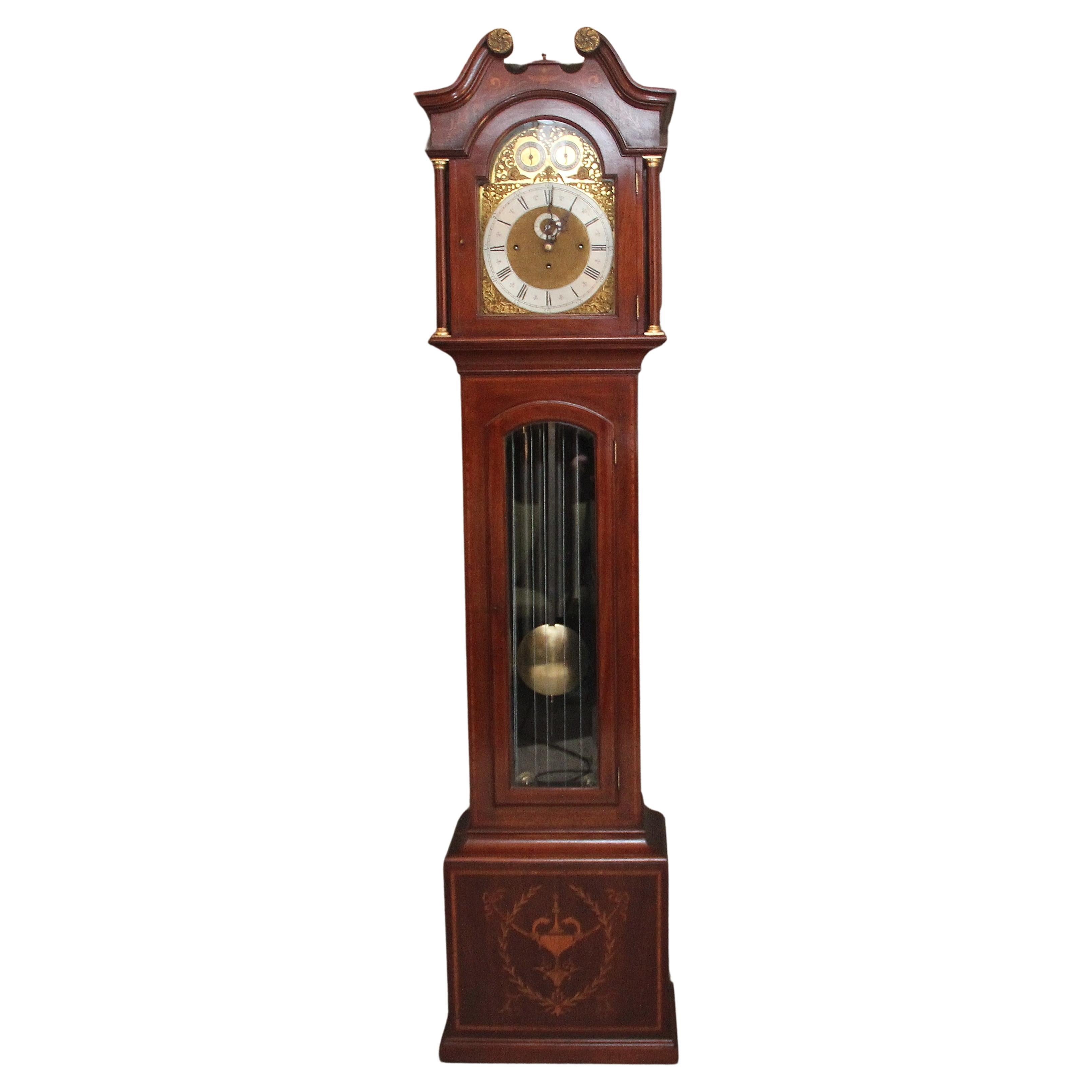Early 20th Century inlaid mahogany musical longcase clock For Sale