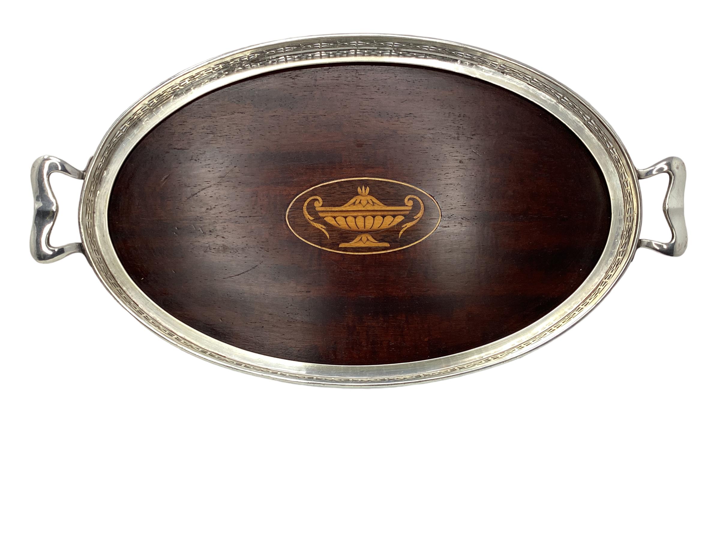 Early 20th Century Inlaid Mahogany Serving Tray With Silver Plate Gallery. Marked by the makers mark 