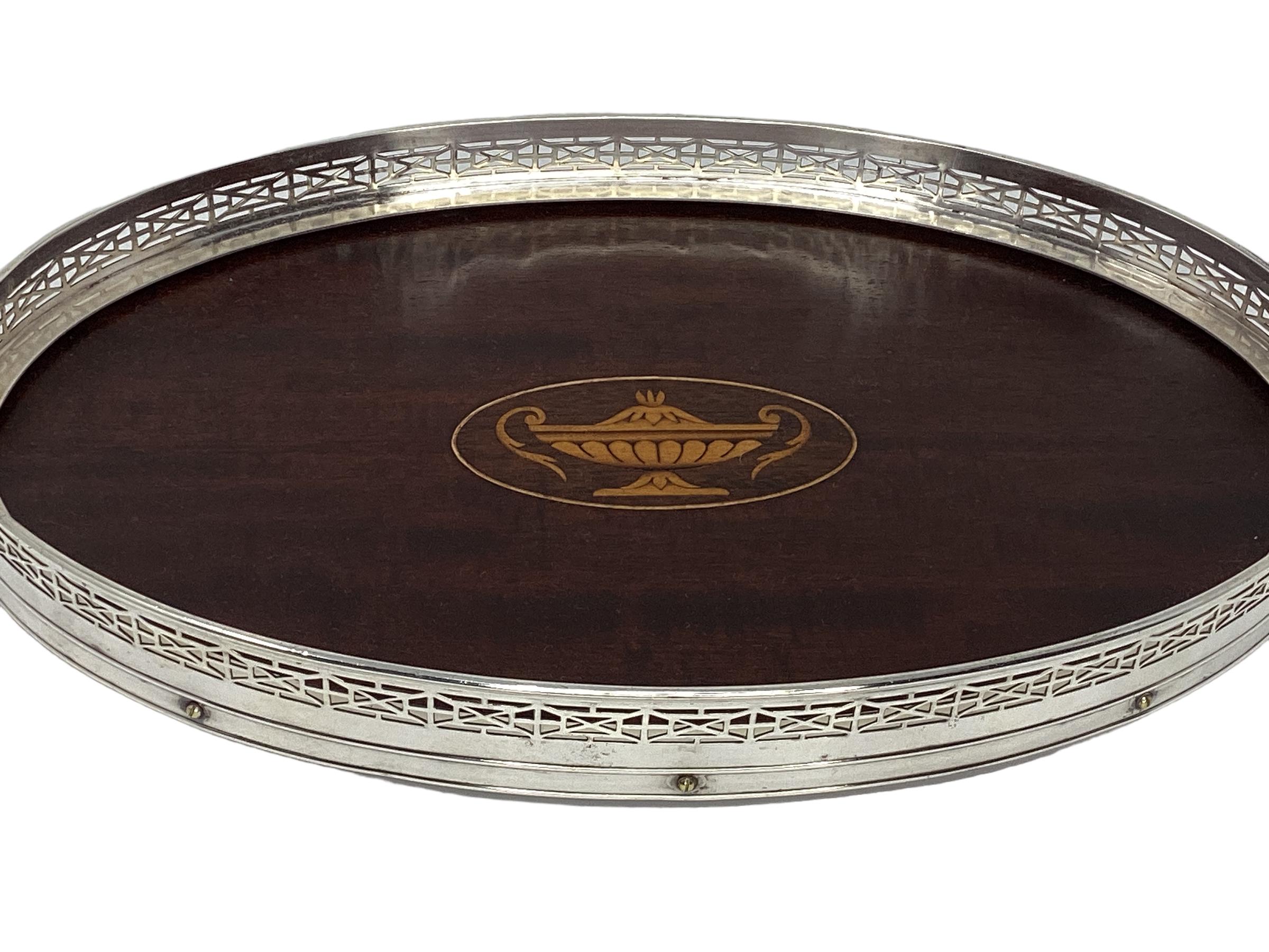 American Early 20th Century Inlaid Mahogany Serving Tray With Silver Plate Gallery 