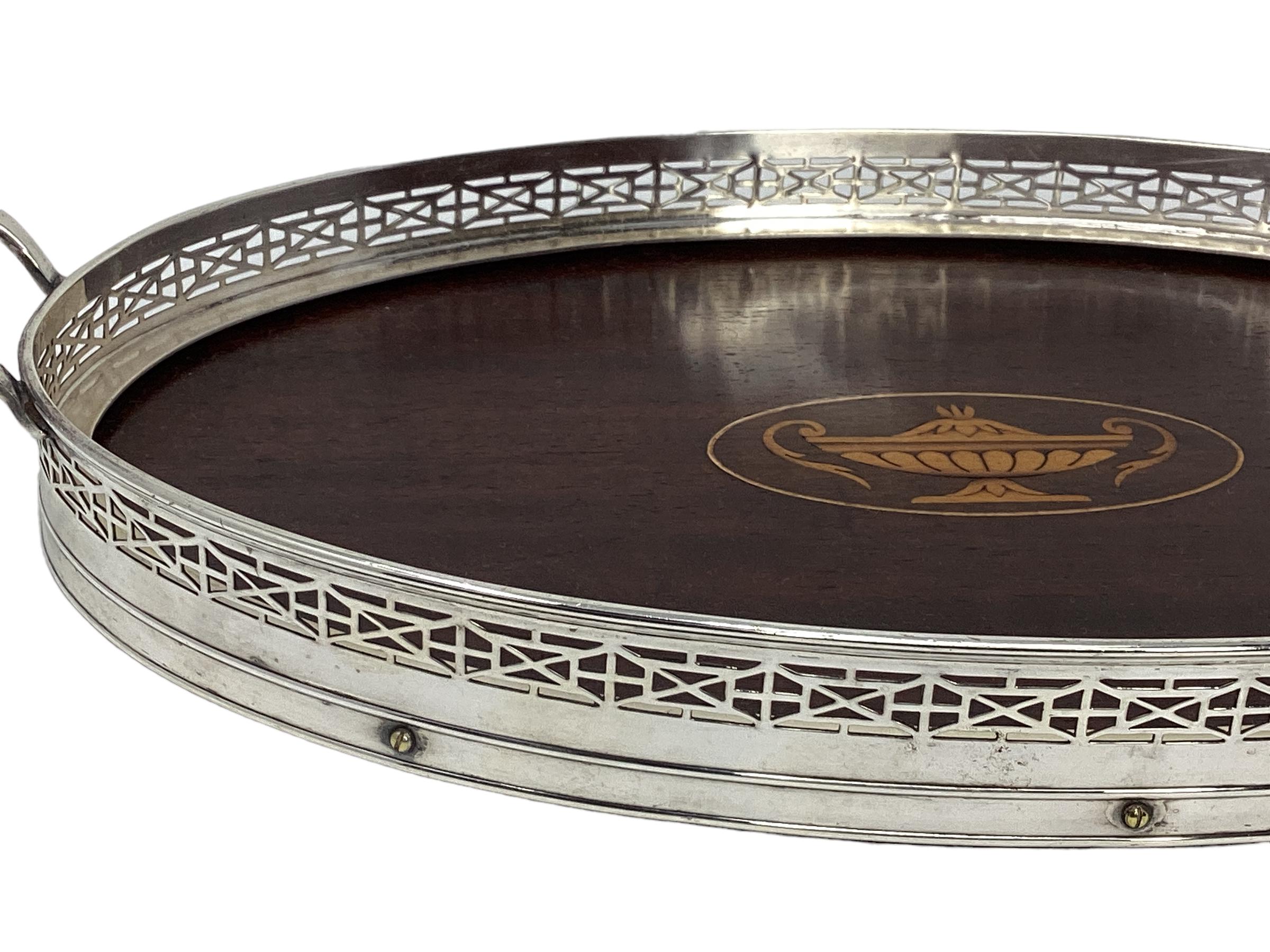 Early 20th Century Inlaid Mahogany Serving Tray With Silver Plate Gallery  In Good Condition In Chapel Hill, NC