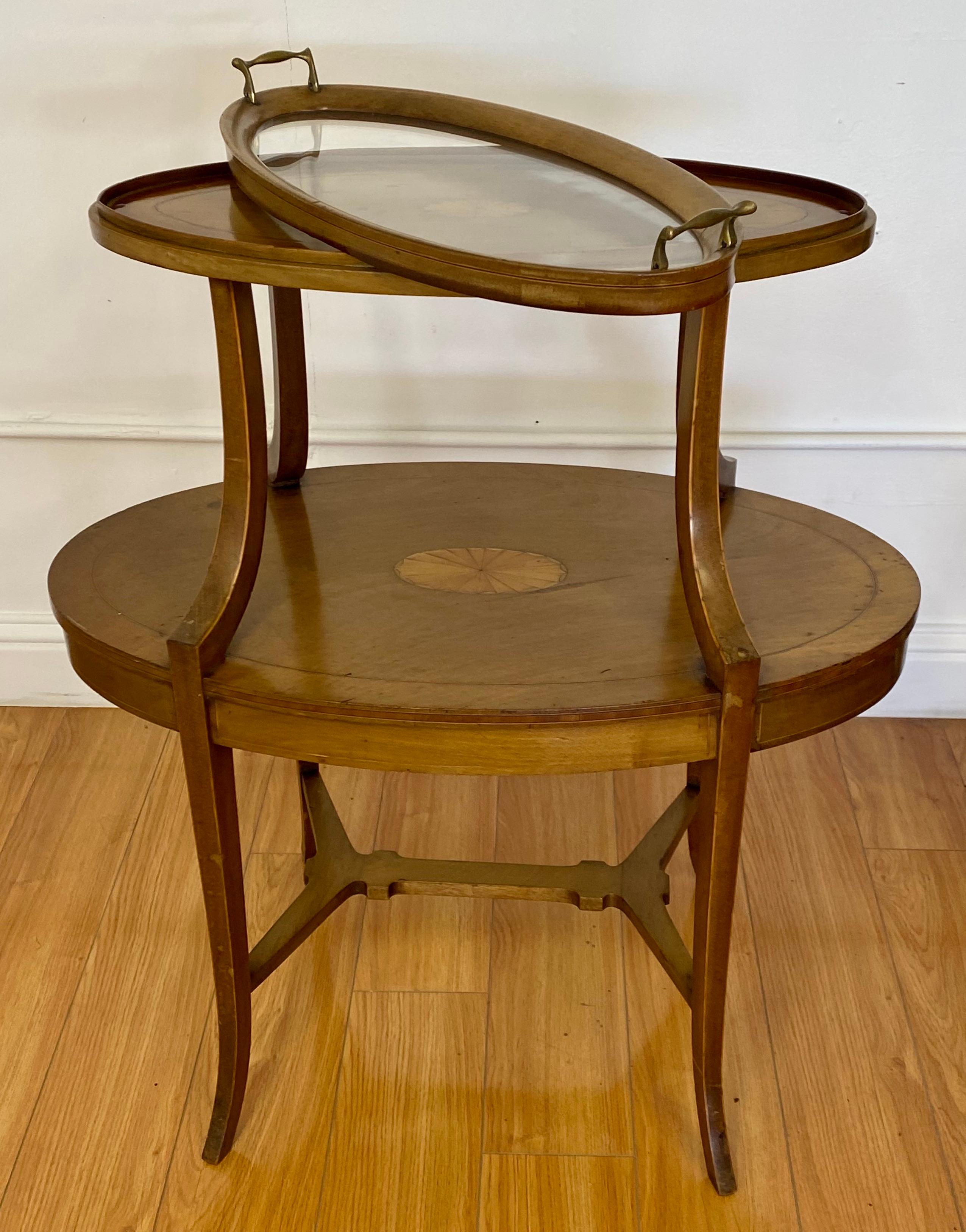 Early 20th century inlaid two tier dessert table w/ serving tray

The top w/ tray measures 24