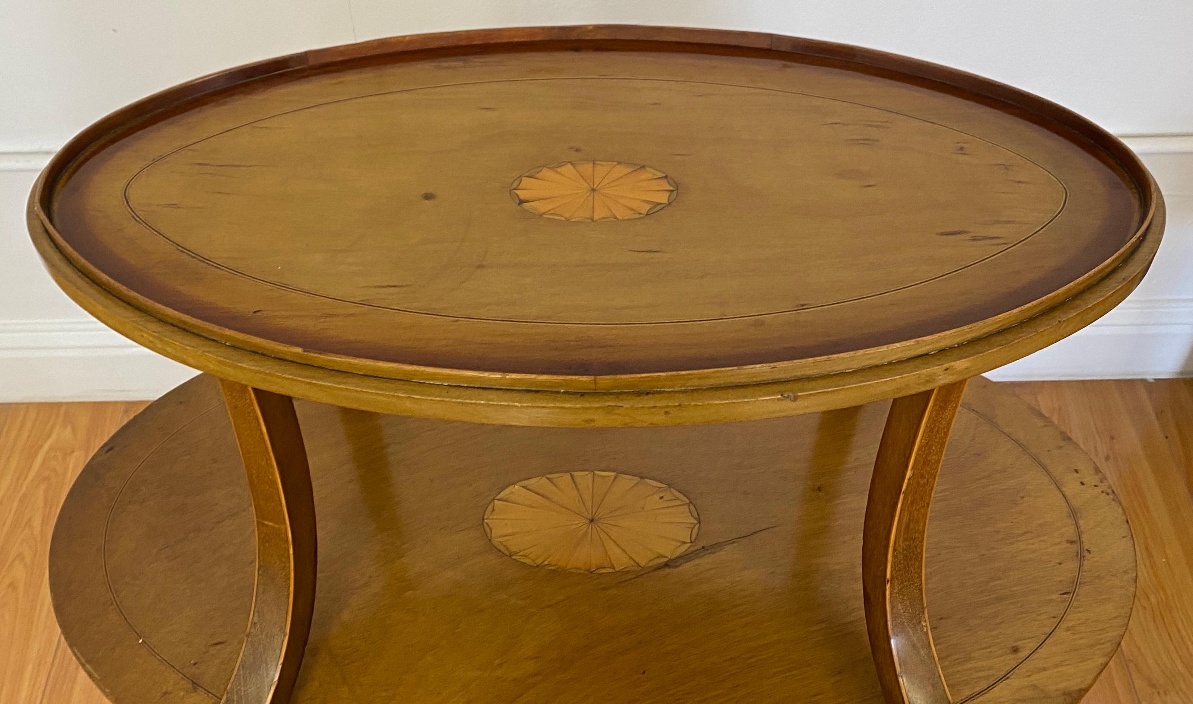 British Early 20th Century Inlaid Two Tier Dessert Table W/ Serving Tray For Sale