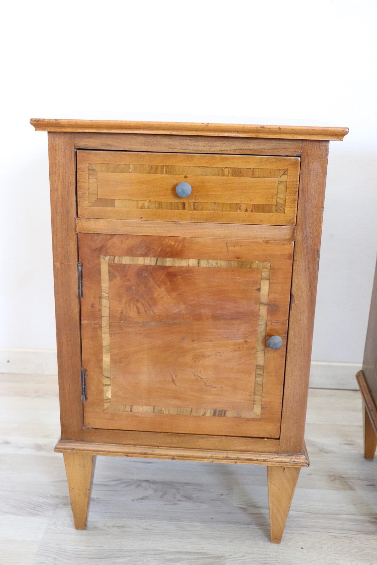 Inlay Early 20th Century Inlaid Walnut Italian Louis XVI Style Pair of Nightstands