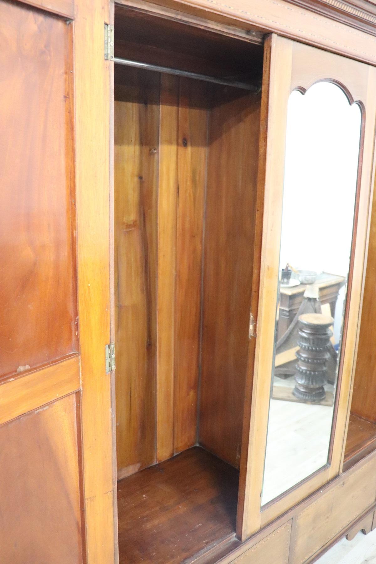 Early 20th Century Inlaid Walnut Wardrobe or Armoire with Mirror 1