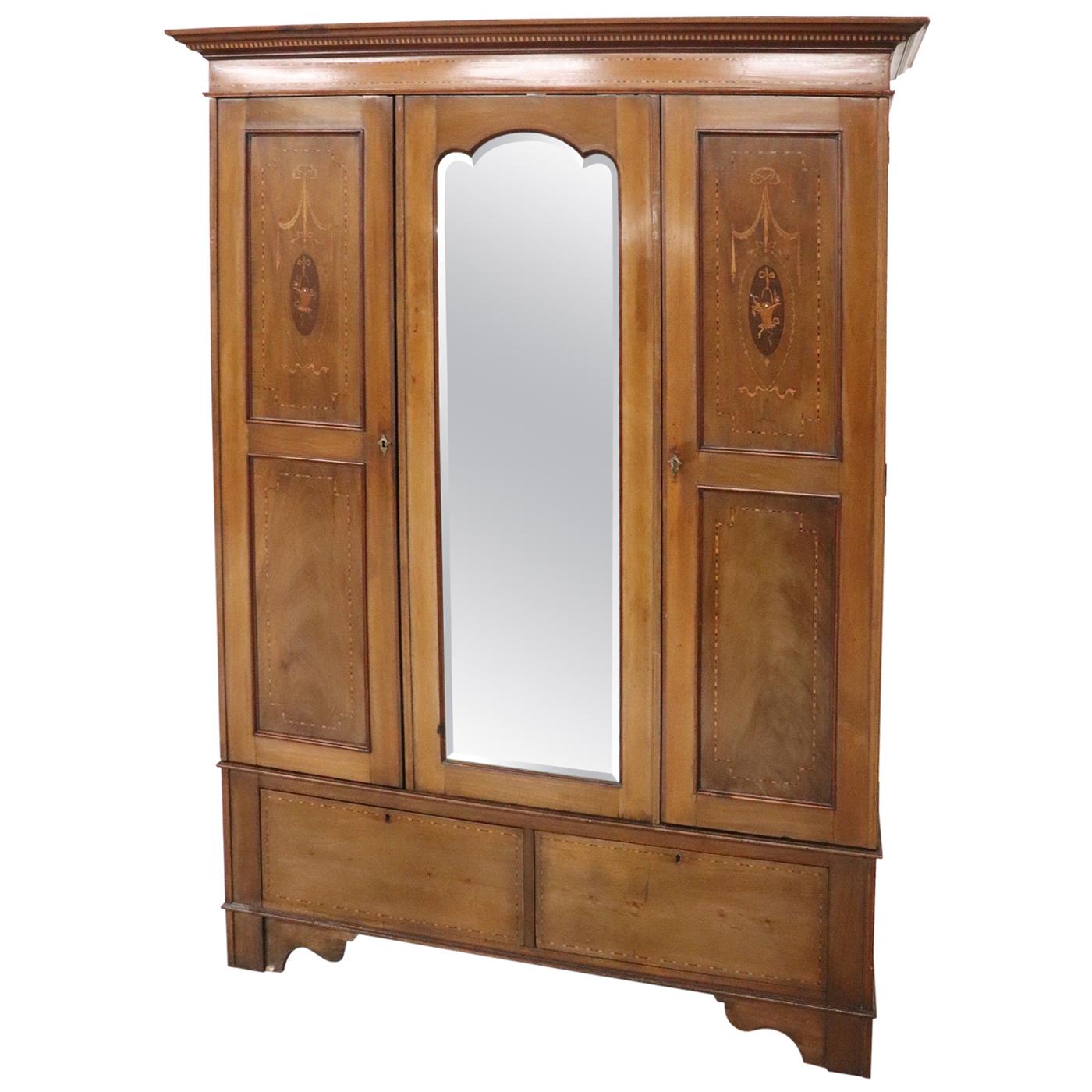 Early 20th Century Inlaid Walnut Wardrobe or Armoire with Mirror